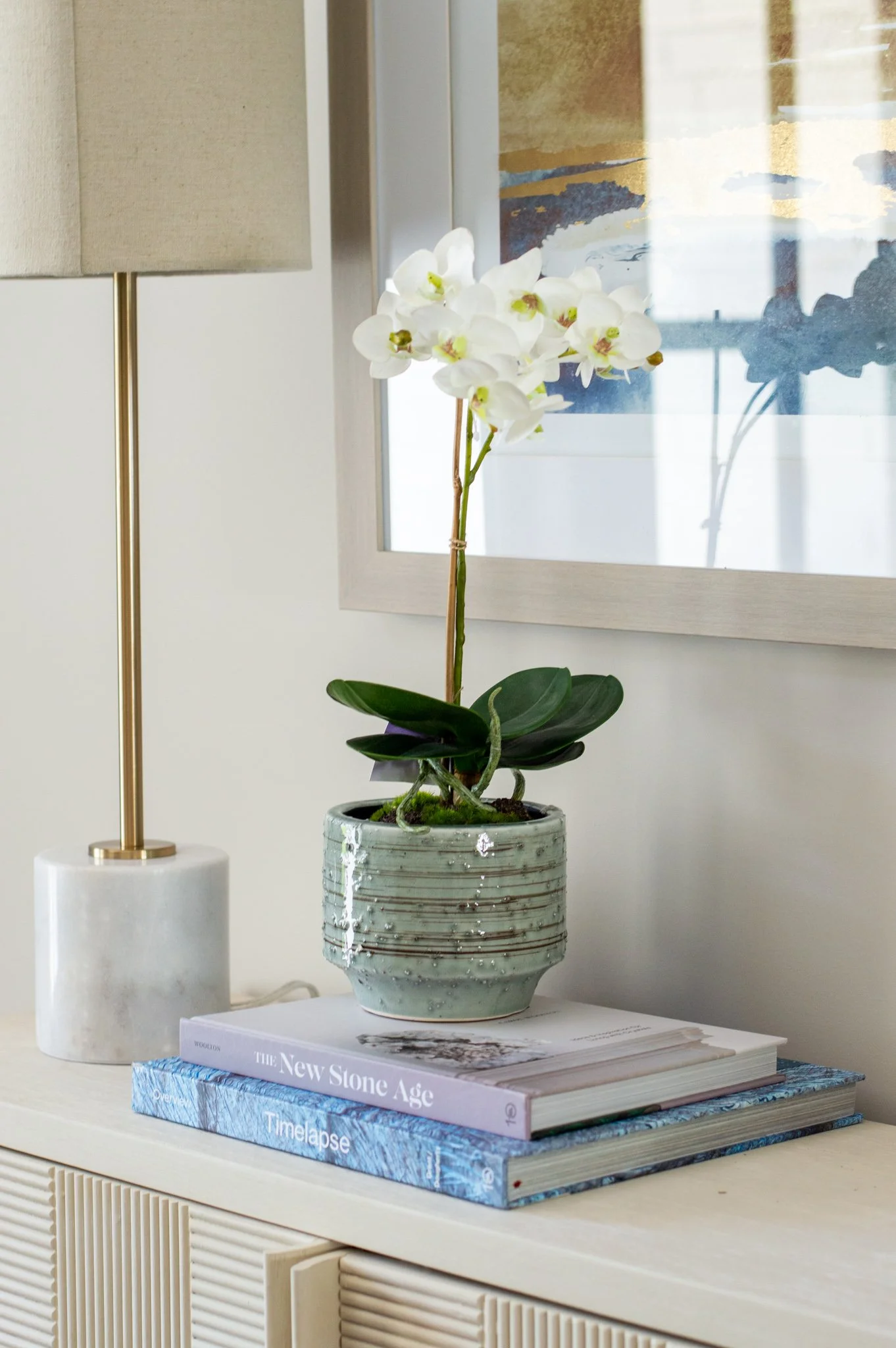 A potted white orchid on top of a stack of two coffee table books near a window, with a beige lamp to the left.