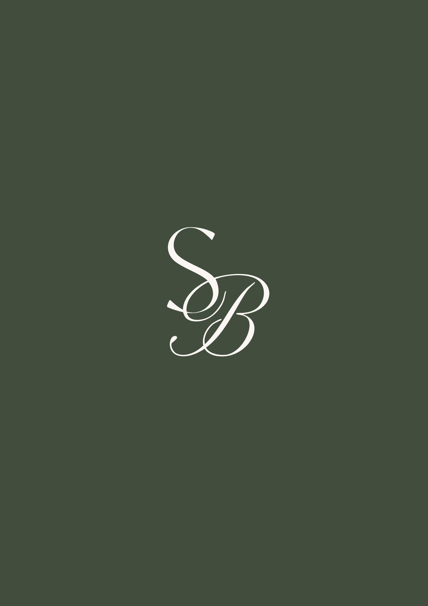 Dark green background with white monogram letters S and B intertwined in the center.