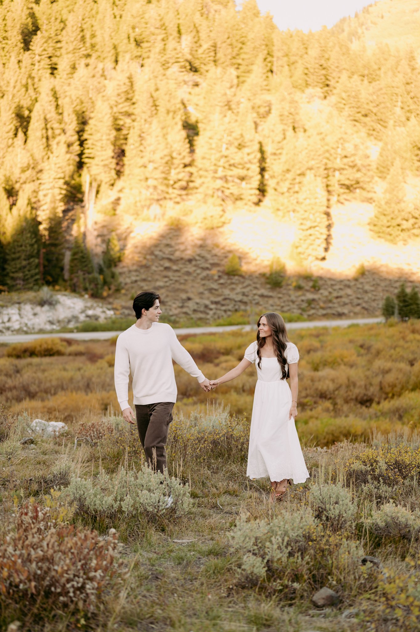 A couple holding hands and walking through a grassy field with mountains and a waterfall in the background.