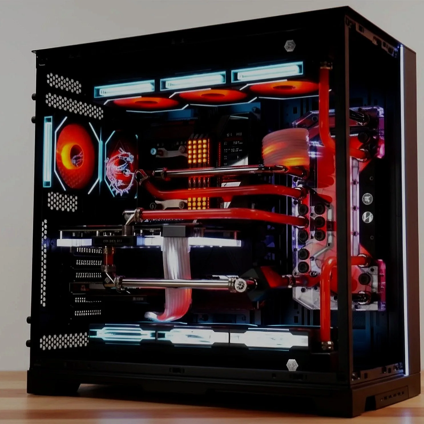 A custom gaming computer with a black case, illuminated red and blue LED lights, liquid cooling system with red coolant, and various hardware components visible inside.