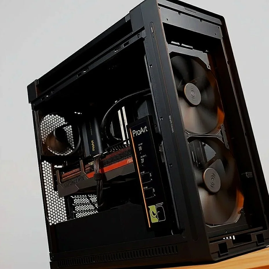 A gaming or high-performance computer with a black case, visible cooling fans, a graphics card, and other hardware components inside.
