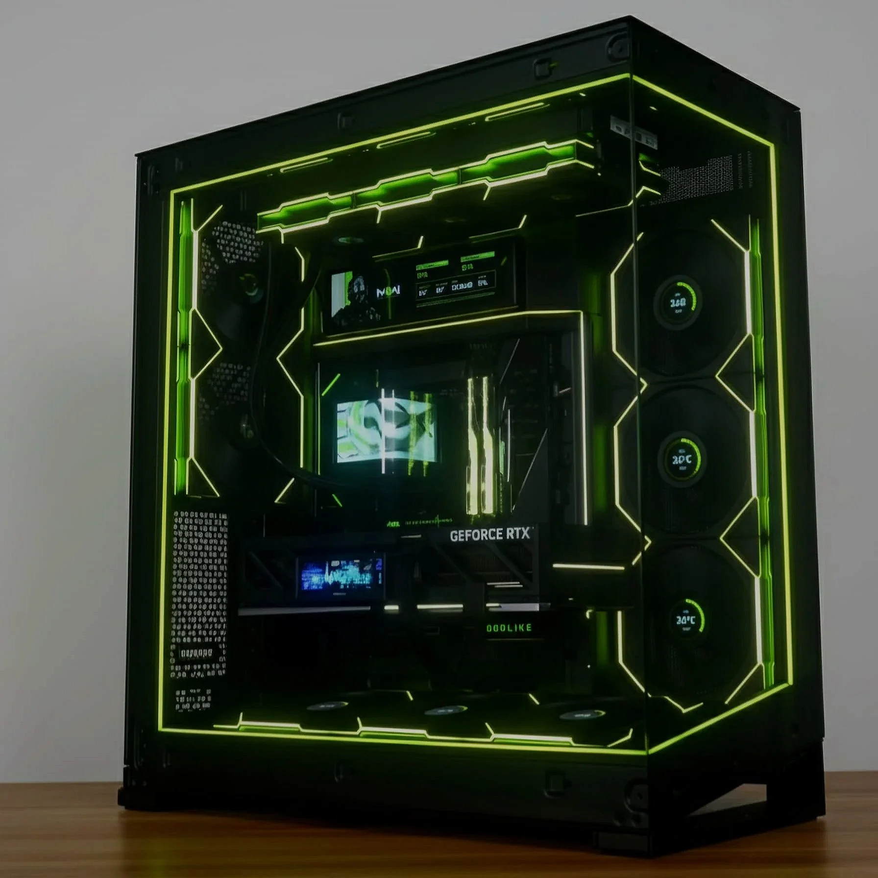 A gaming desktop PC with a transparent side panel revealing internal components lit by green LED lighting, including a GeForce RTX graphics card and three cooling fans with temperature displays.