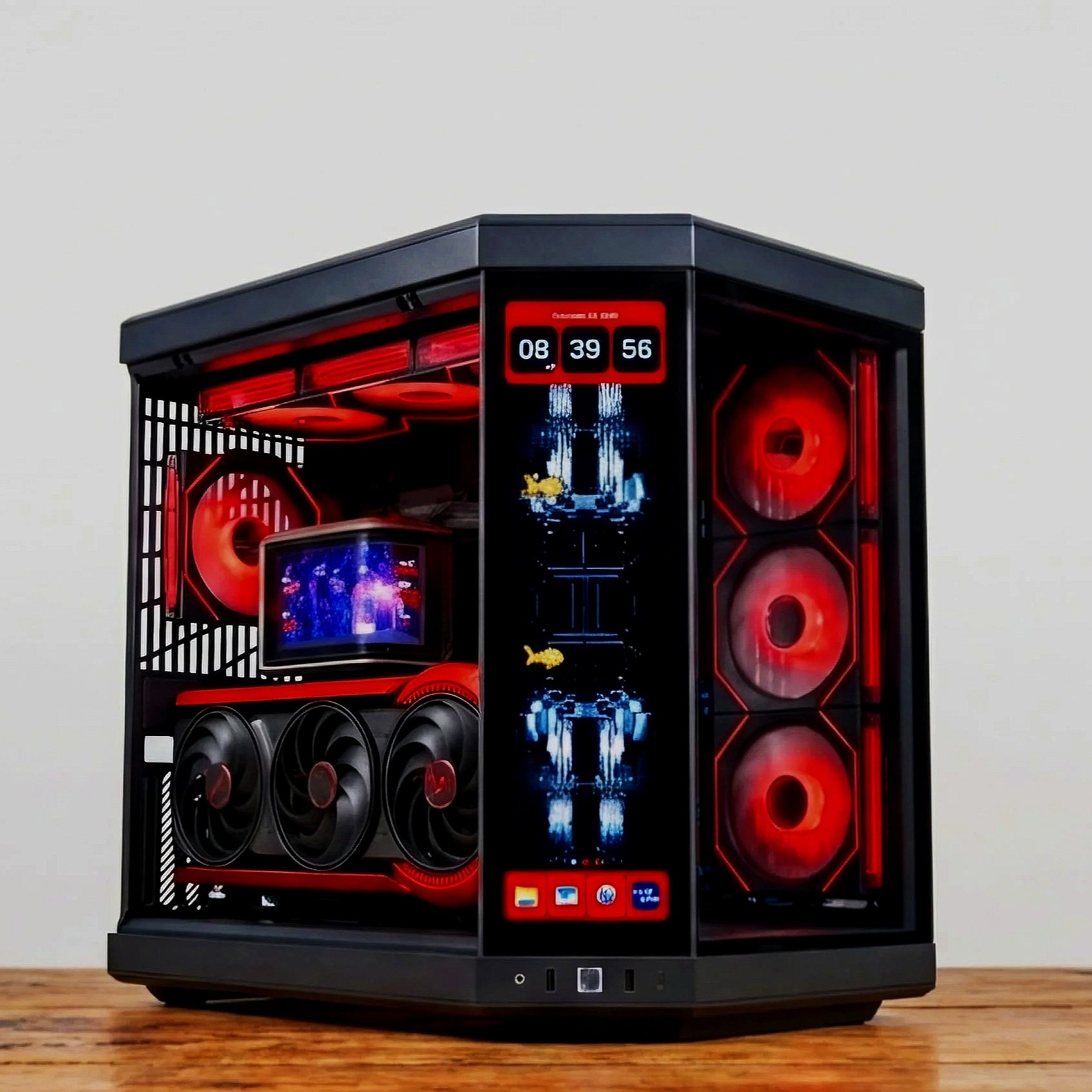 A gaming desktop computer case with red and black LED lighting, multiple fans, a small screen, and a digital clock display.