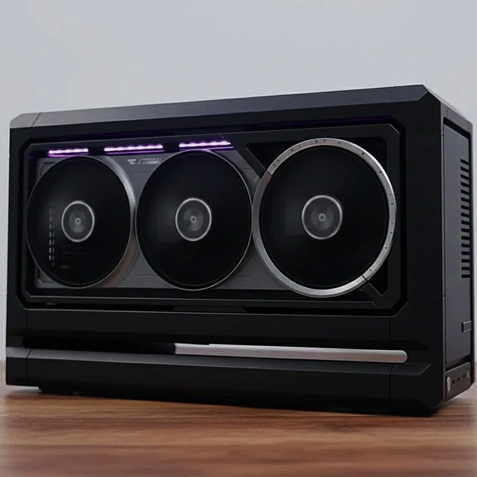 Black computer graphics card with three fan cooling systems and purple LED strip, placed on a wooden surface.