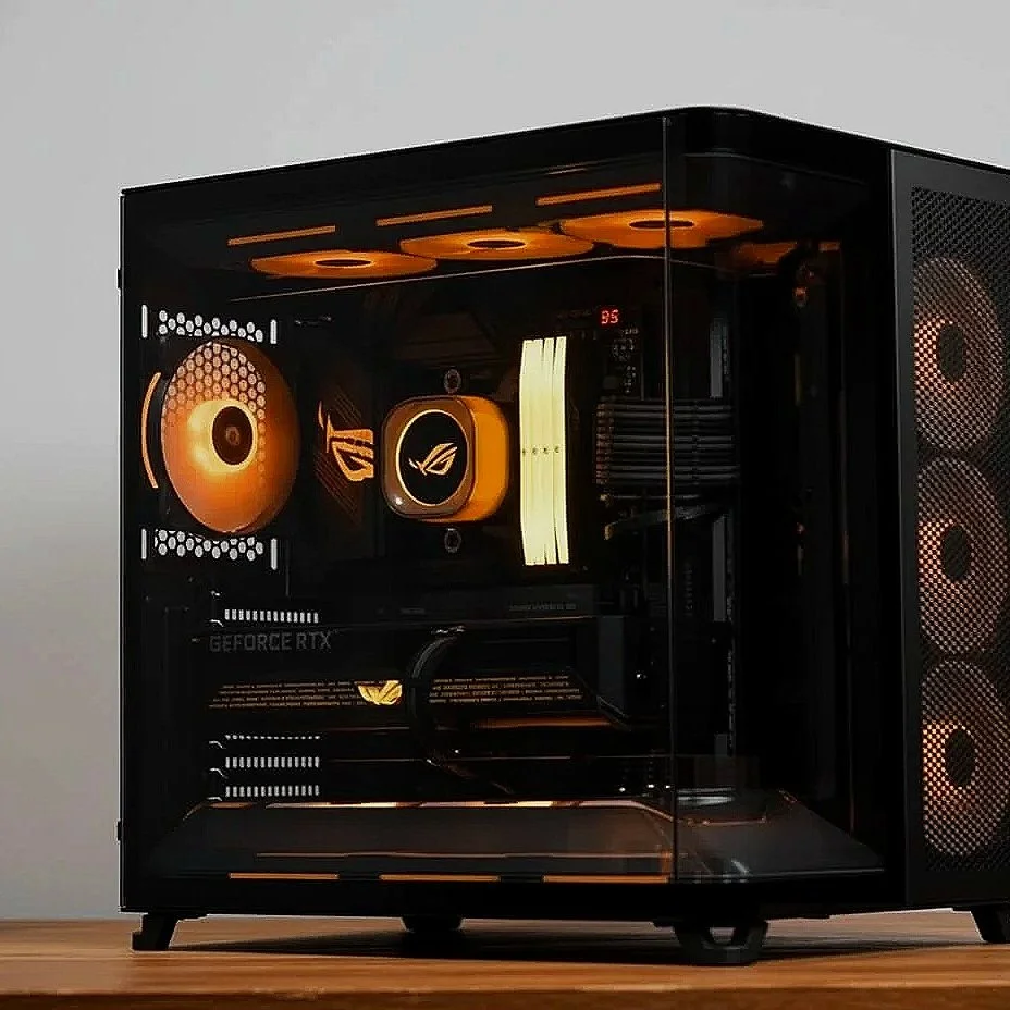A black computer tower with a clear side panel, illuminated with orange lighting. Inside are three cooling fans, a graphics card, and a liquid cooling system with an orange emblem.