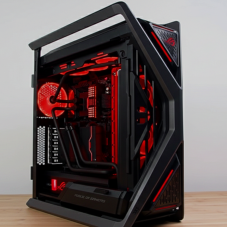 High-performance gaming desktop PC with custom liquid cooling, LED lighting, and a modern case design.