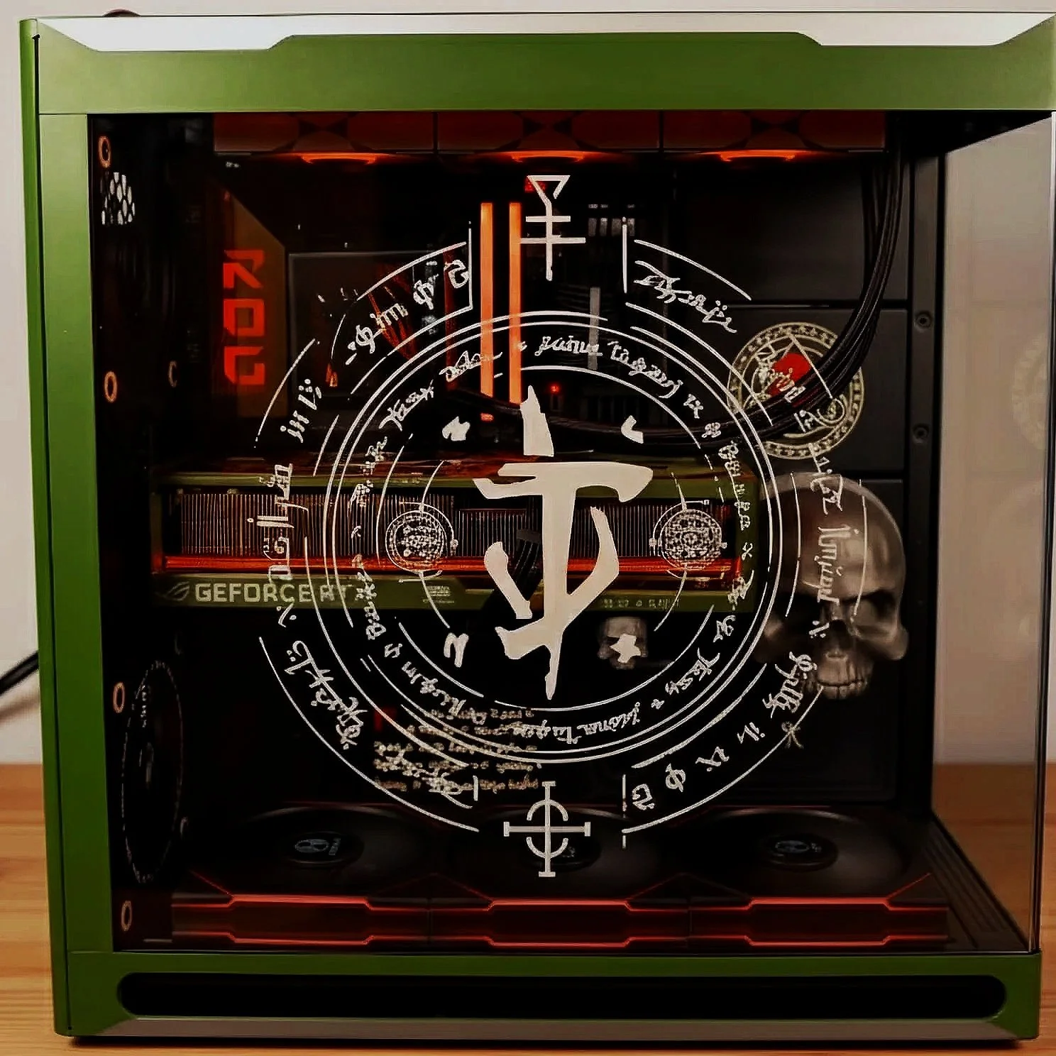 A custom gaming PC case with a green frame, featuring internal components like a graphics card, cooling fans, and a skull decoration, overlaid with a white diagram resembling a detailed, intricate mystical or alchemical design.