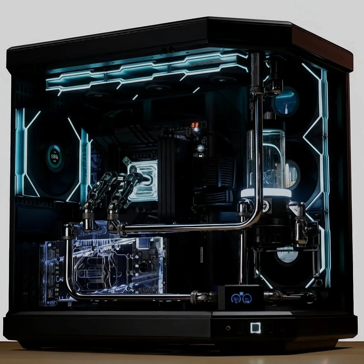 A custom-built gaming or high-performance computer enclosed in a transparent case with blue LED lighting and visible internal components, including cooling systems and circuit boards.