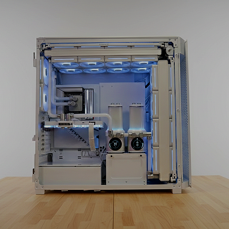 A custom-built, liquid-cooled gaming or high-performance PC with transparent side panel showing internal components and LED lighting.