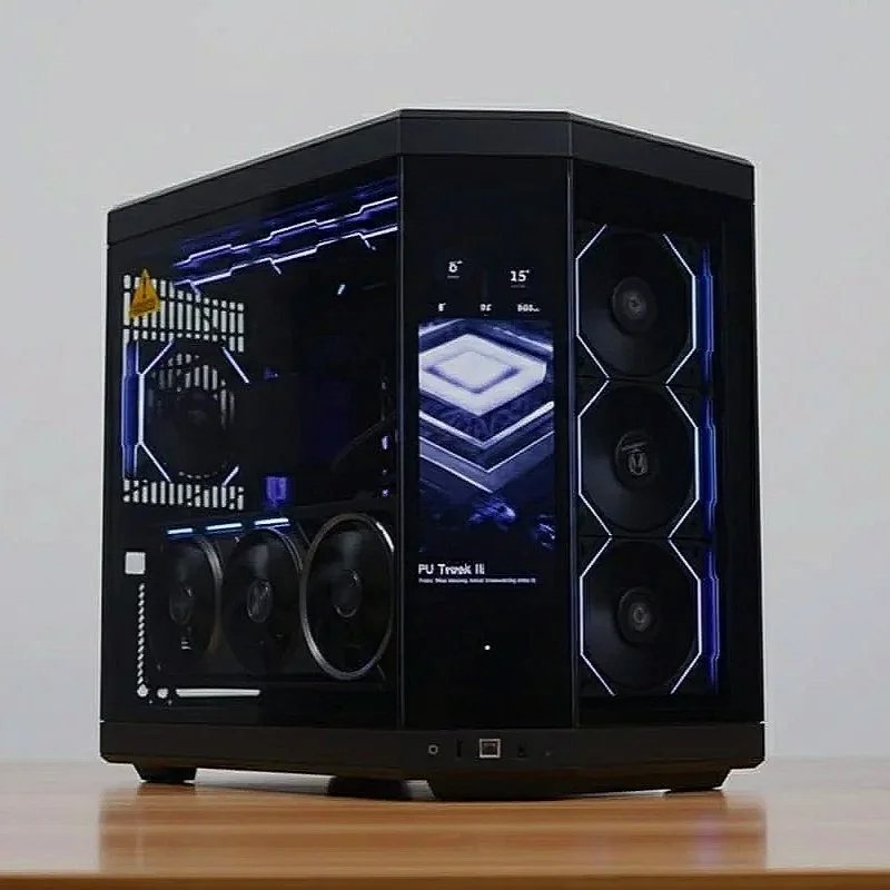 A black gaming or high-performance computer tower with a glass side panel displaying internal components and blue LED lighting.