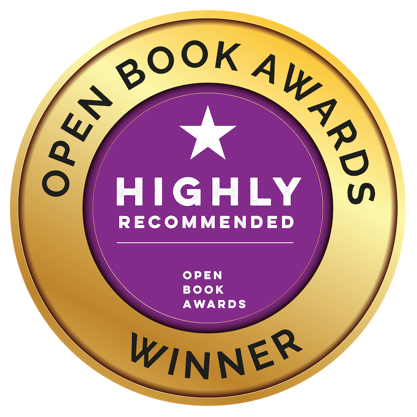 Gold medal badge with black text reading "Open Book Awards Winner" and a purple circle in the center with white text "Highly Recommended" and a white star.