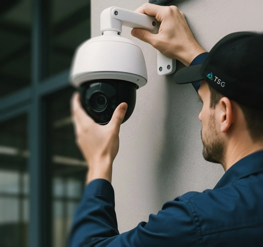 A technician installs a security camera on a wall.