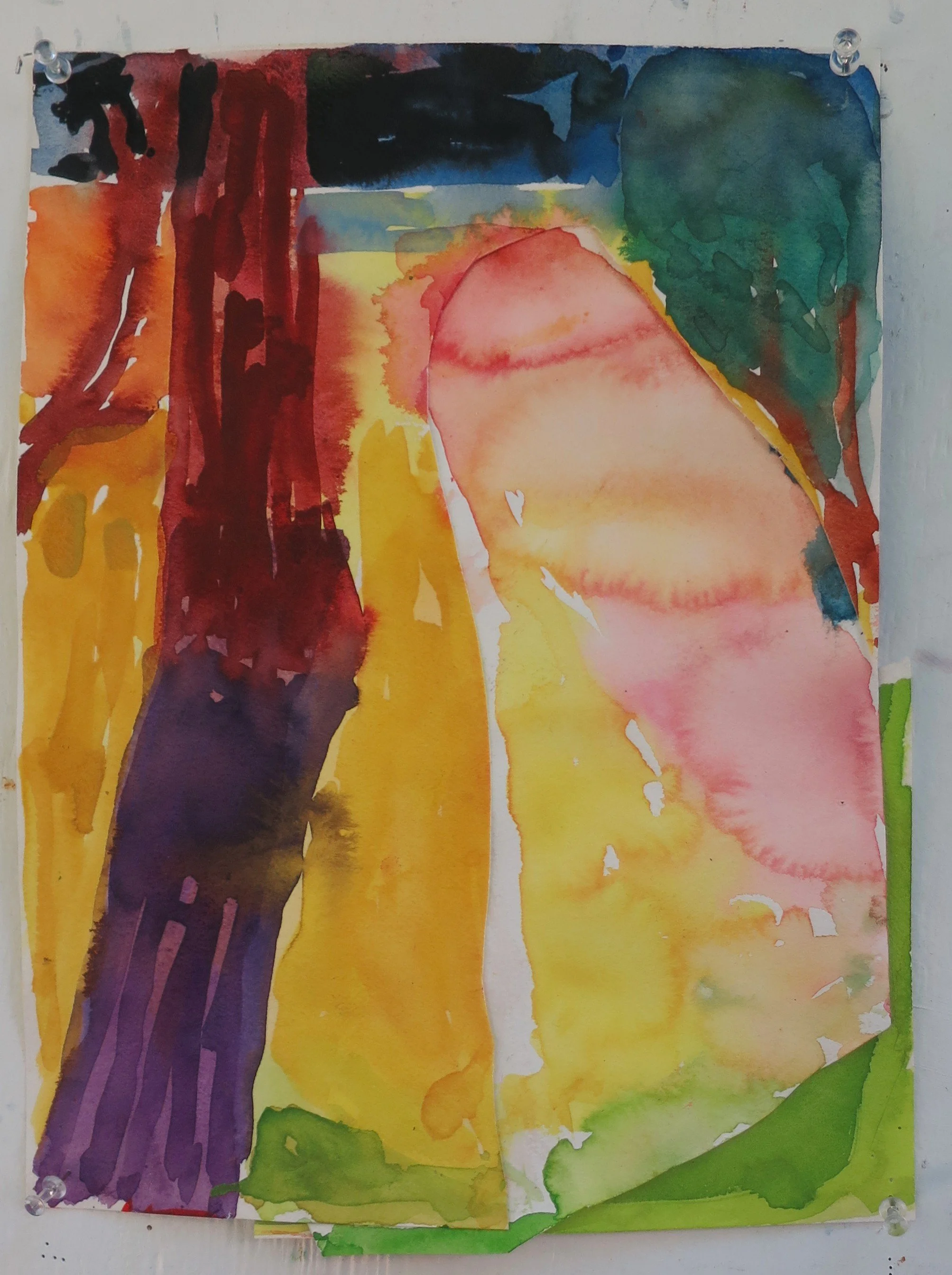 Sam Shaffer, The Place, 2026. Watercolor and collage on paper, 14 in x 10 in.