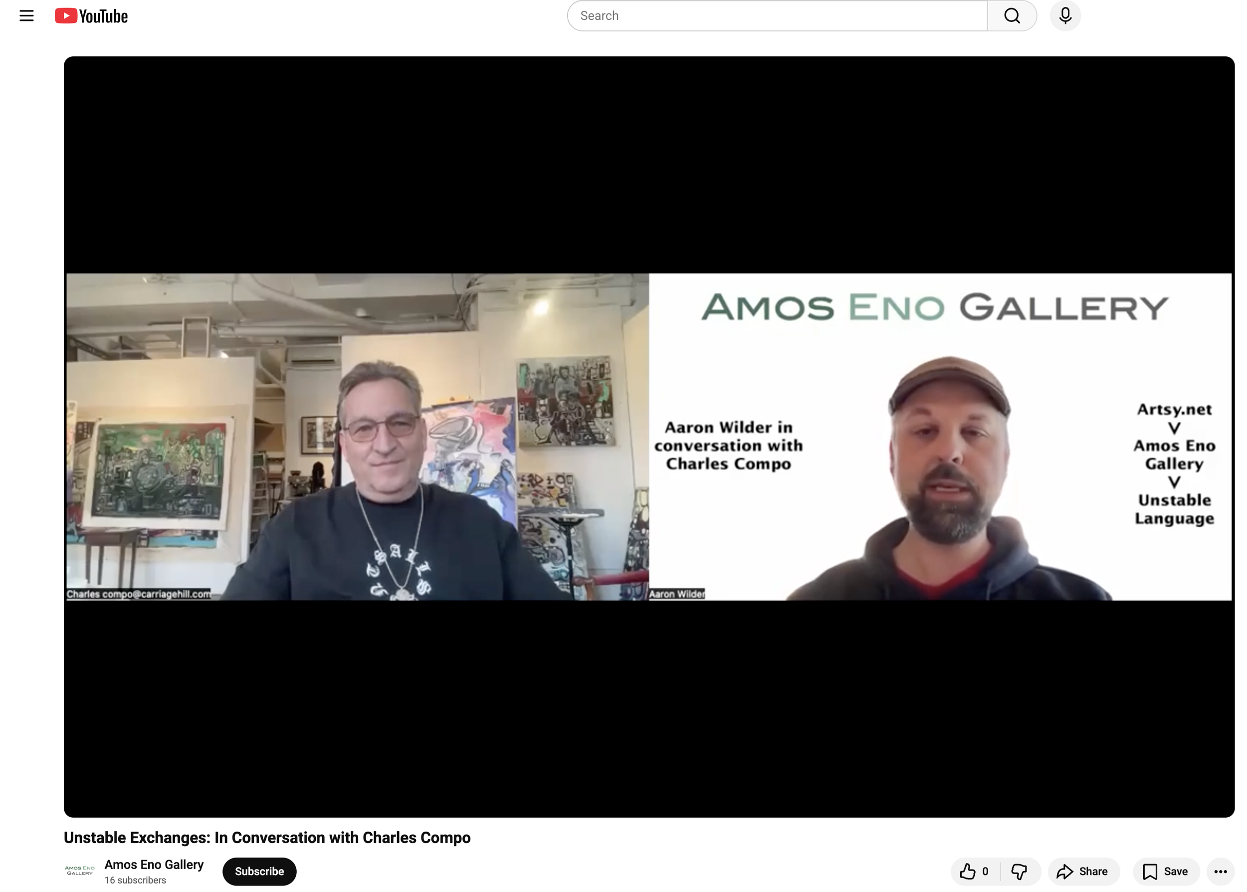 Screenshot of a virtual interview with two men, one on the left in an art gallery with paintings in the background, and one on the right on a slide with the text "Amos Eno Gallery" and information about the interview and the gallery.