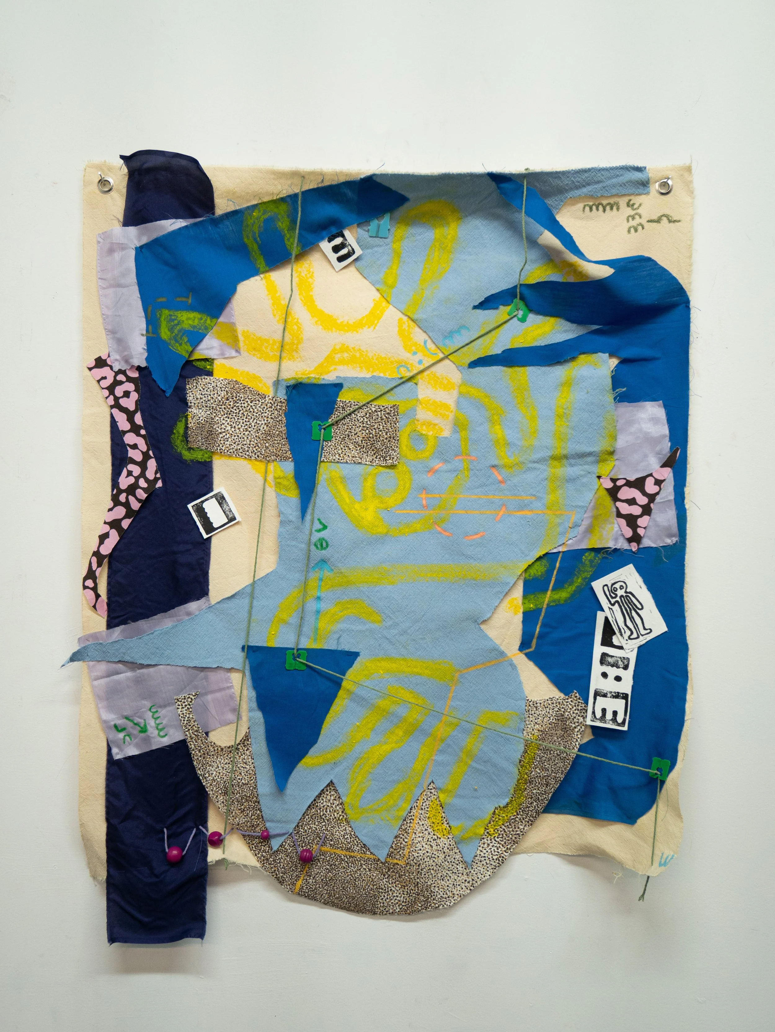 Zoë Elena Moldenhauer, Unnecessary Delay, 2026. Plastic bread tags, beads, yarn, wax crayon, oil stick, monoprint on paper, and mixed fabric, 28.5 in x 36 in.
