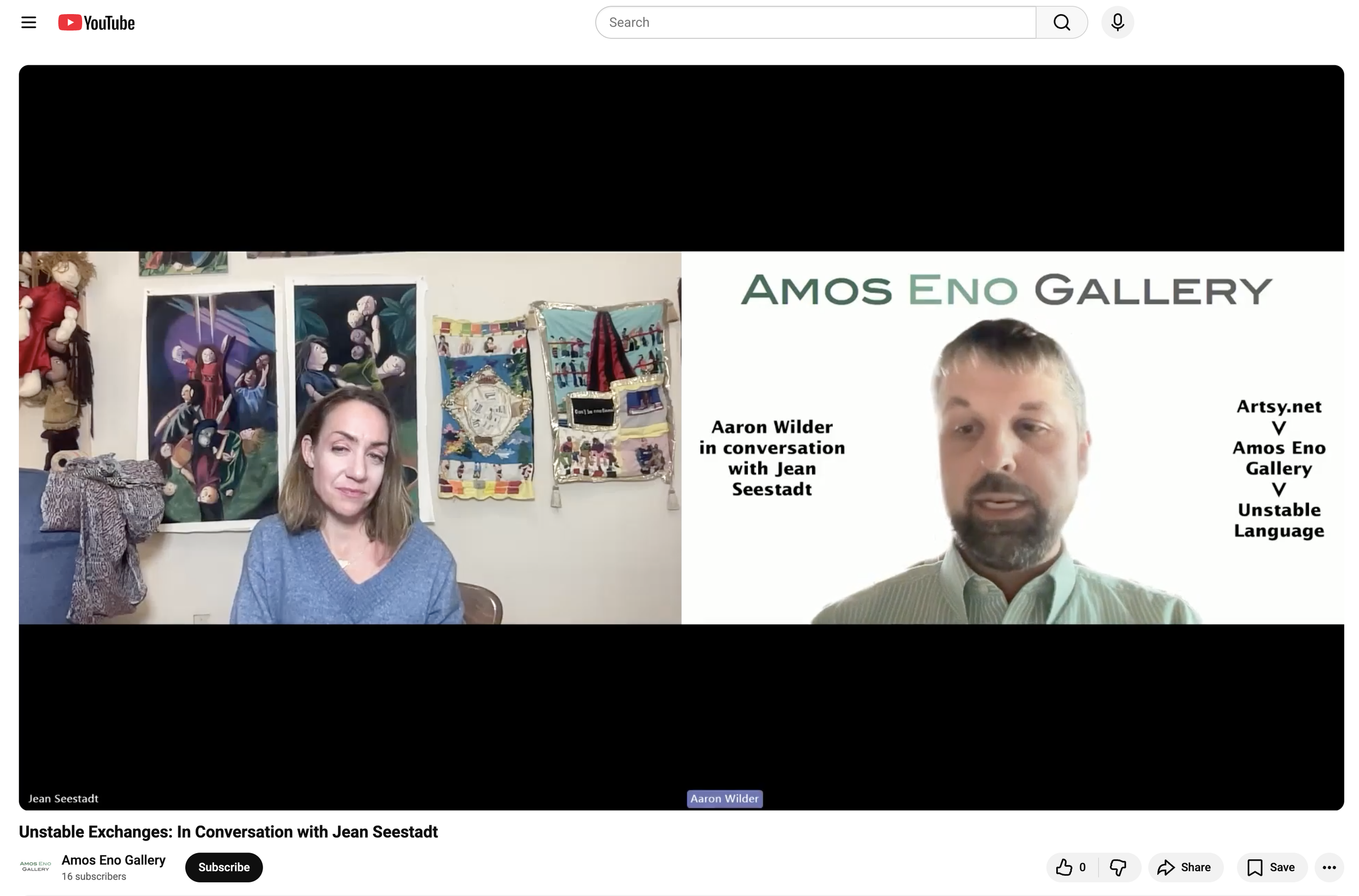 Screenshot of a YouTube video titled "Unstable Exchanges: In Conversation with Jean Seestadt" featuring two people. The woman on the left has shoulder-length brown hair and is wearing a blue top, sitting in front of an art-filled wall. The man on the