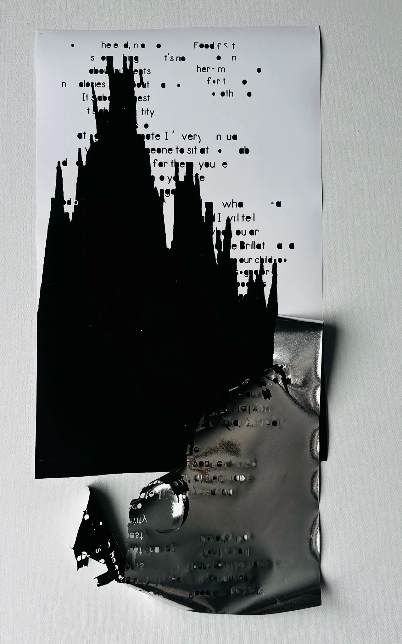 Margarita Fainshtein, The Architecture of Silence, 2025. Black glitter vinyl on white paper, 13 in x 26 in
