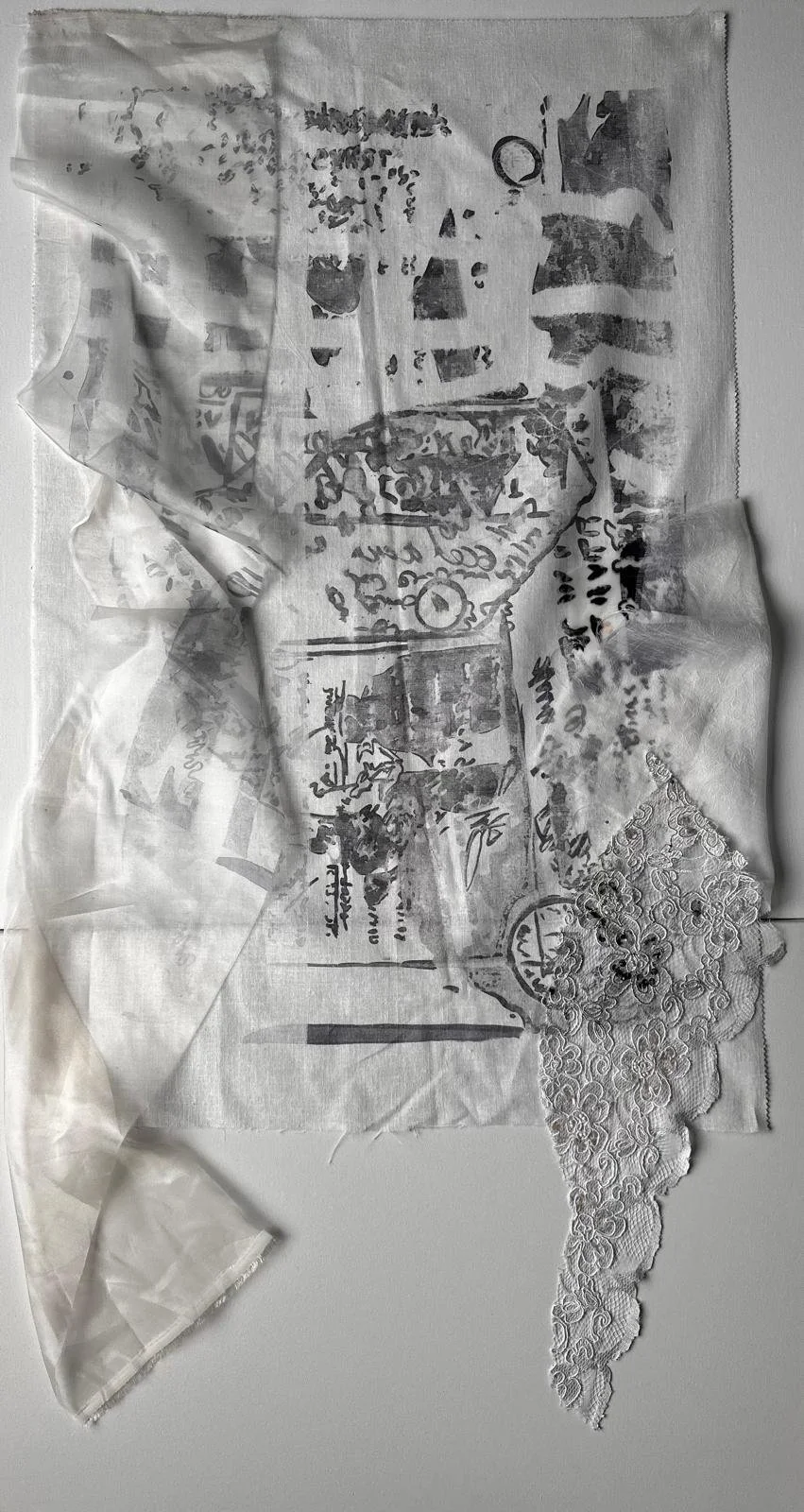 Margarita Fainshtein, Soft Archive, 2018. Fabric collage and heat-pressed ink, 26 in x 52 in