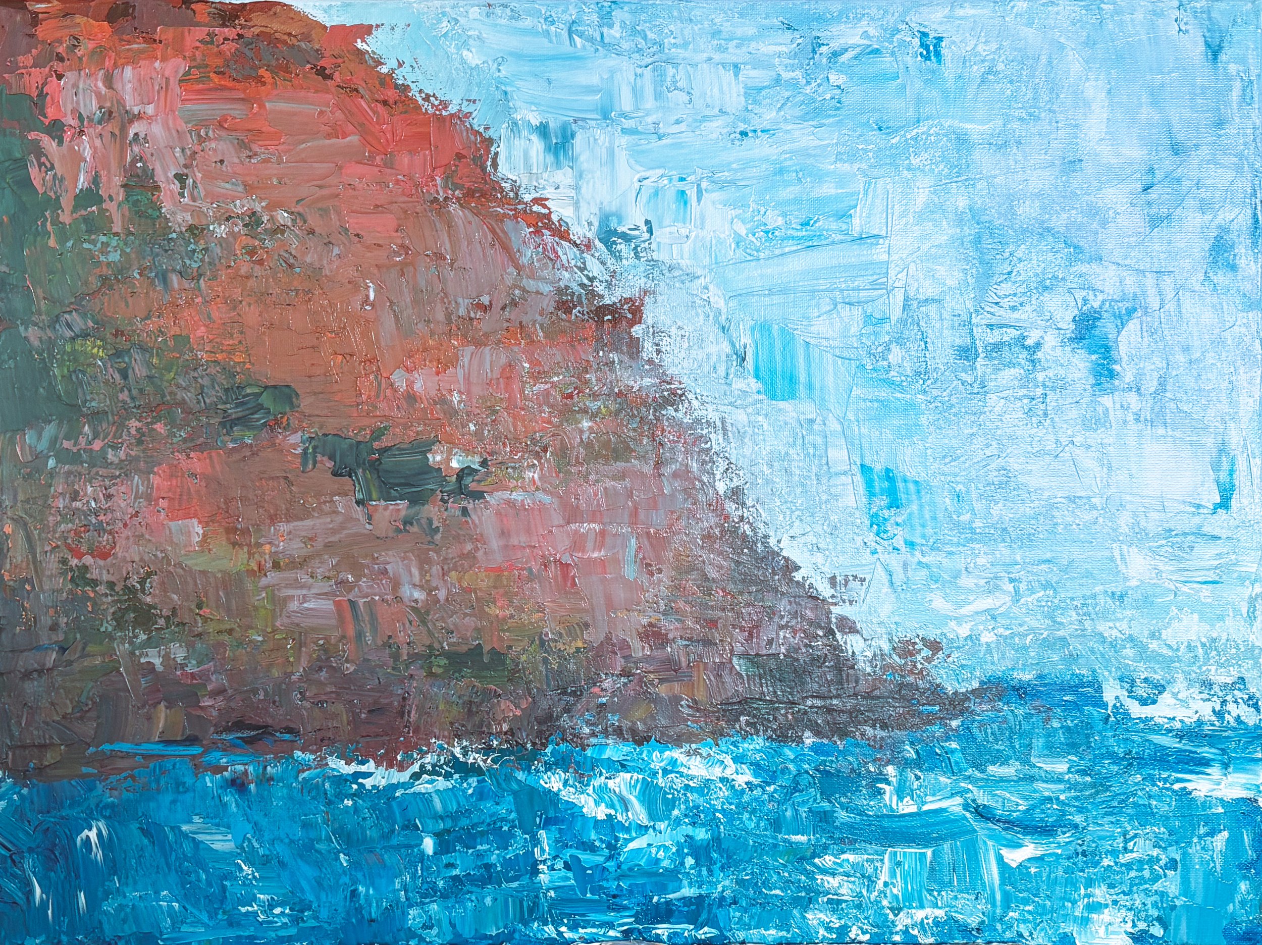  Destination:  Santorini, Greece. 
   Artwork:  Sasha Skulinets.  Terra,  2026. Acrylic on canvas, 24 × 18 inches.