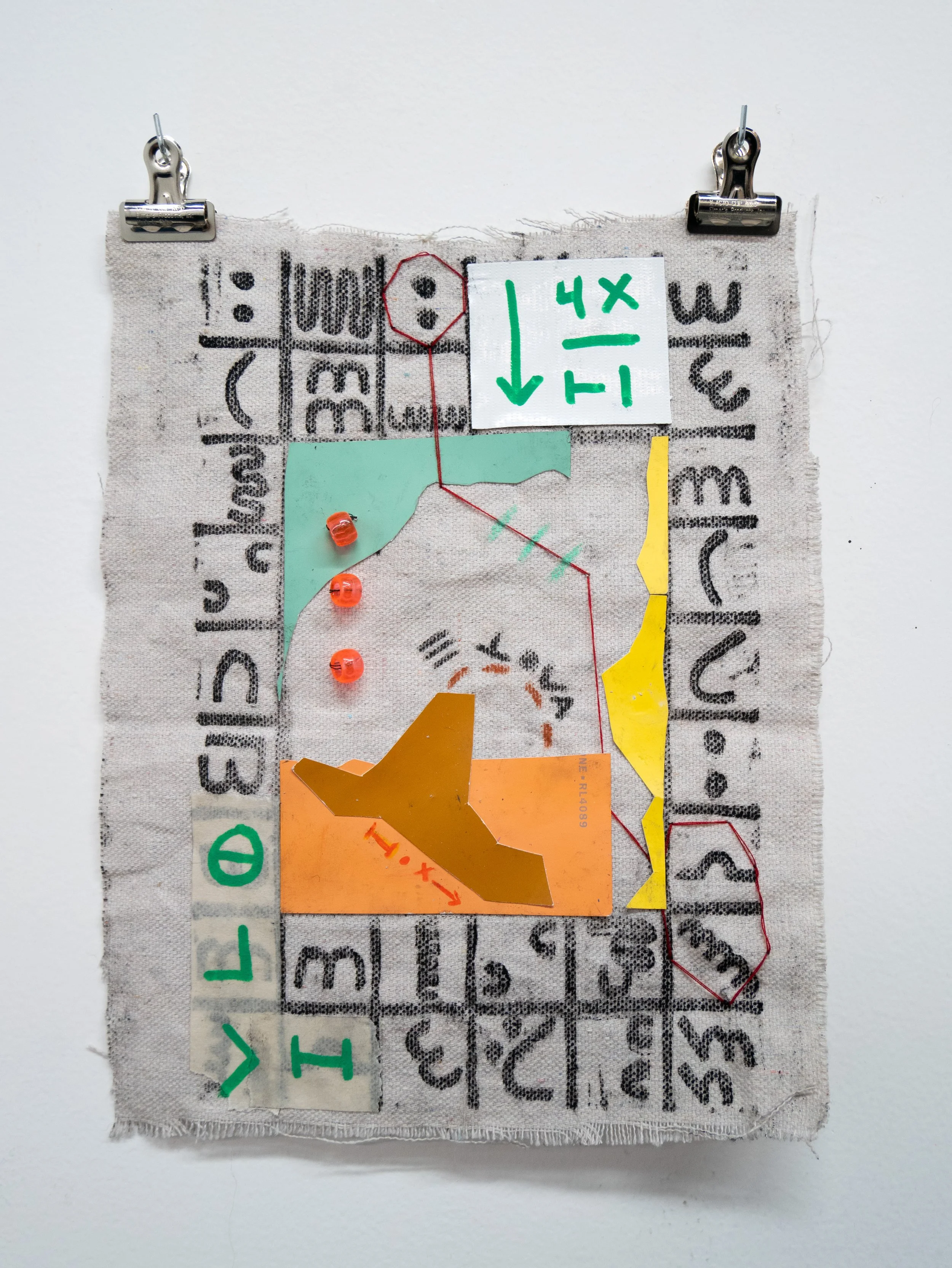 Zoë Elena Moldenhauer: "Figuring Juncture," 2024. Fictional Ancestral Map. Monoprint, wax crayon, collage, paint marker, tape, thread, beads on canvas, 11 × 8 1/2 inches.