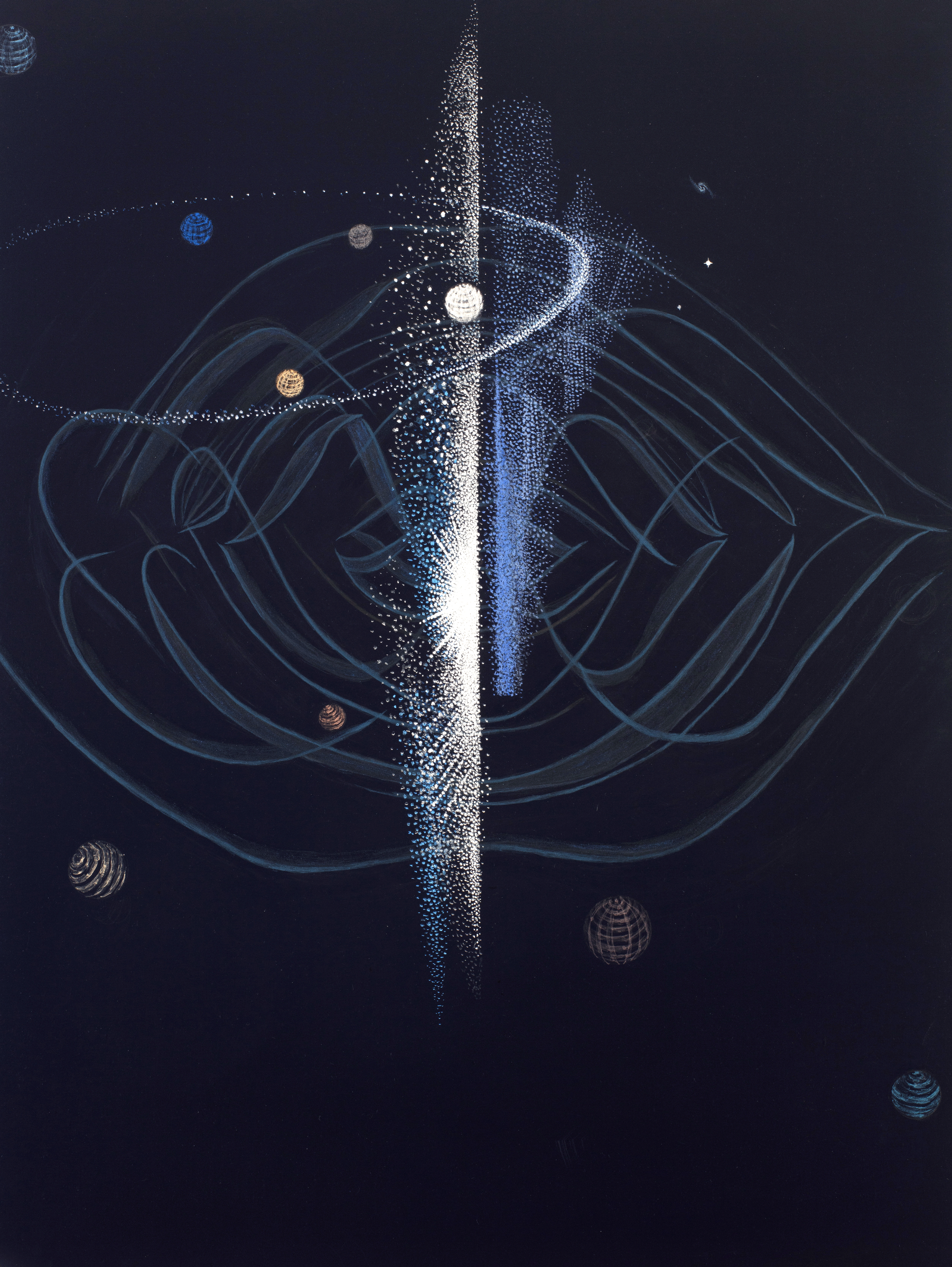 Galaxy: Event Horizon III, 2023
mineral pigment, lapis lazuli, azurite, seashells, coral, mica, acrylic, and salt on linen, 40 × 30 in