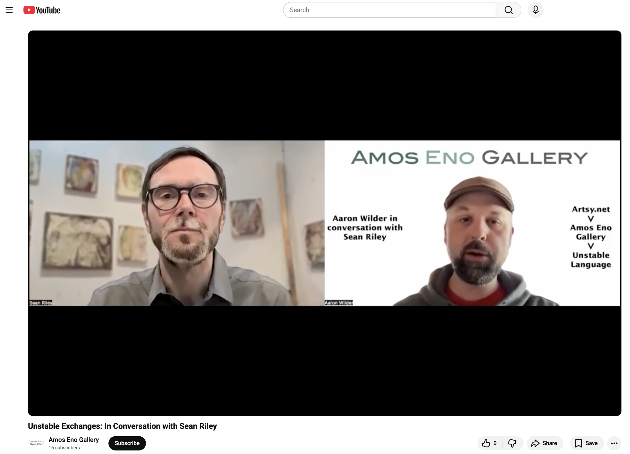 Screenshot of a YouTube video featuring a virtual discussion titled 'Unstable Exchanges: In Conversation with Sean Riley,' with two men, Sean Riley on the left with glasses and a beard, and Aaron Wilder on the right with a hat, in front of a white ba