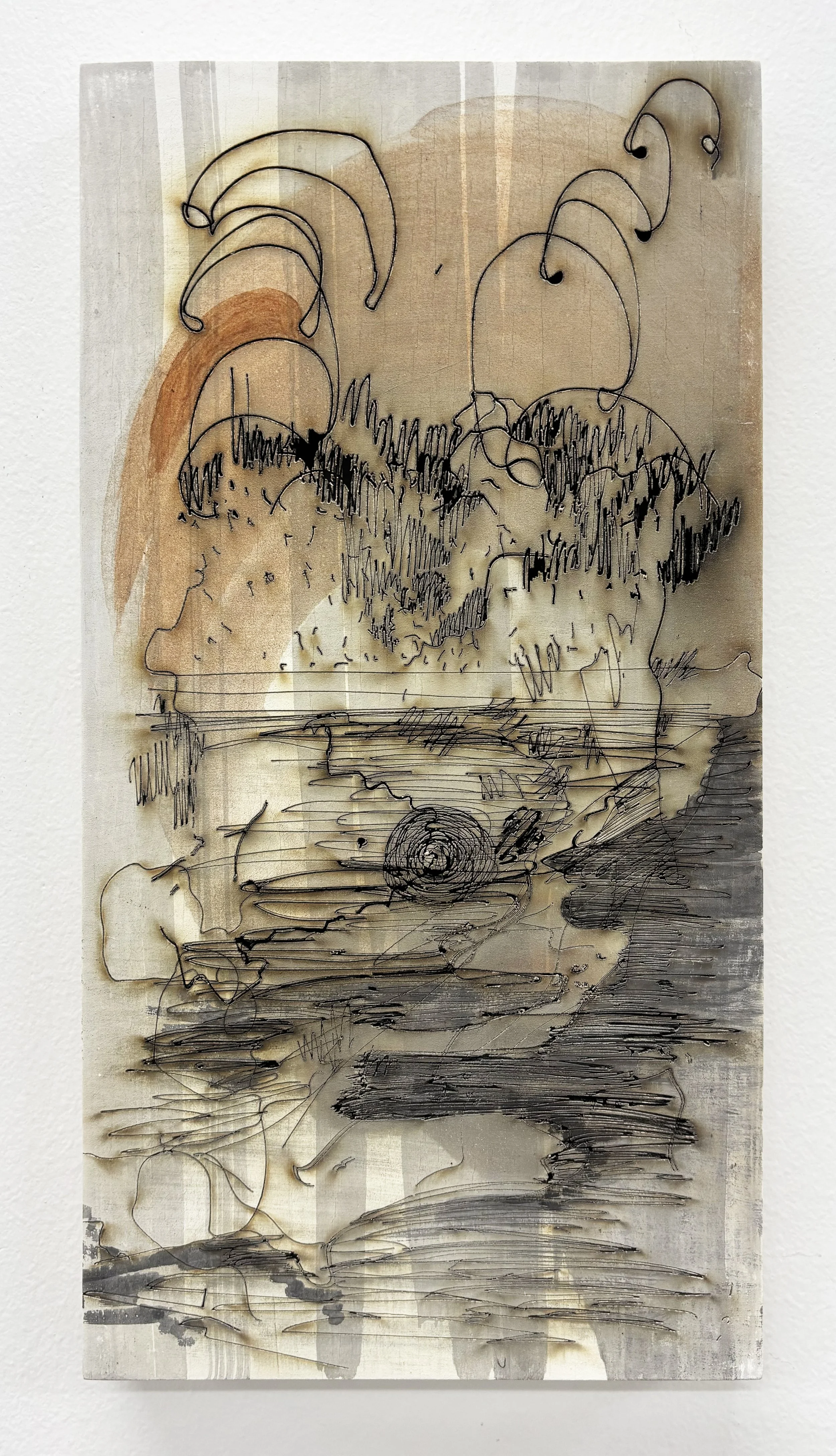 Nishiki Sugawara-Beda: "KuroKuroShiro+ LXIII," 2025. Palo Duro Canyon, Texas. Pigment, Sumi, Gypsum on wood panel, 12 × 6 × 1 1/2 inches.