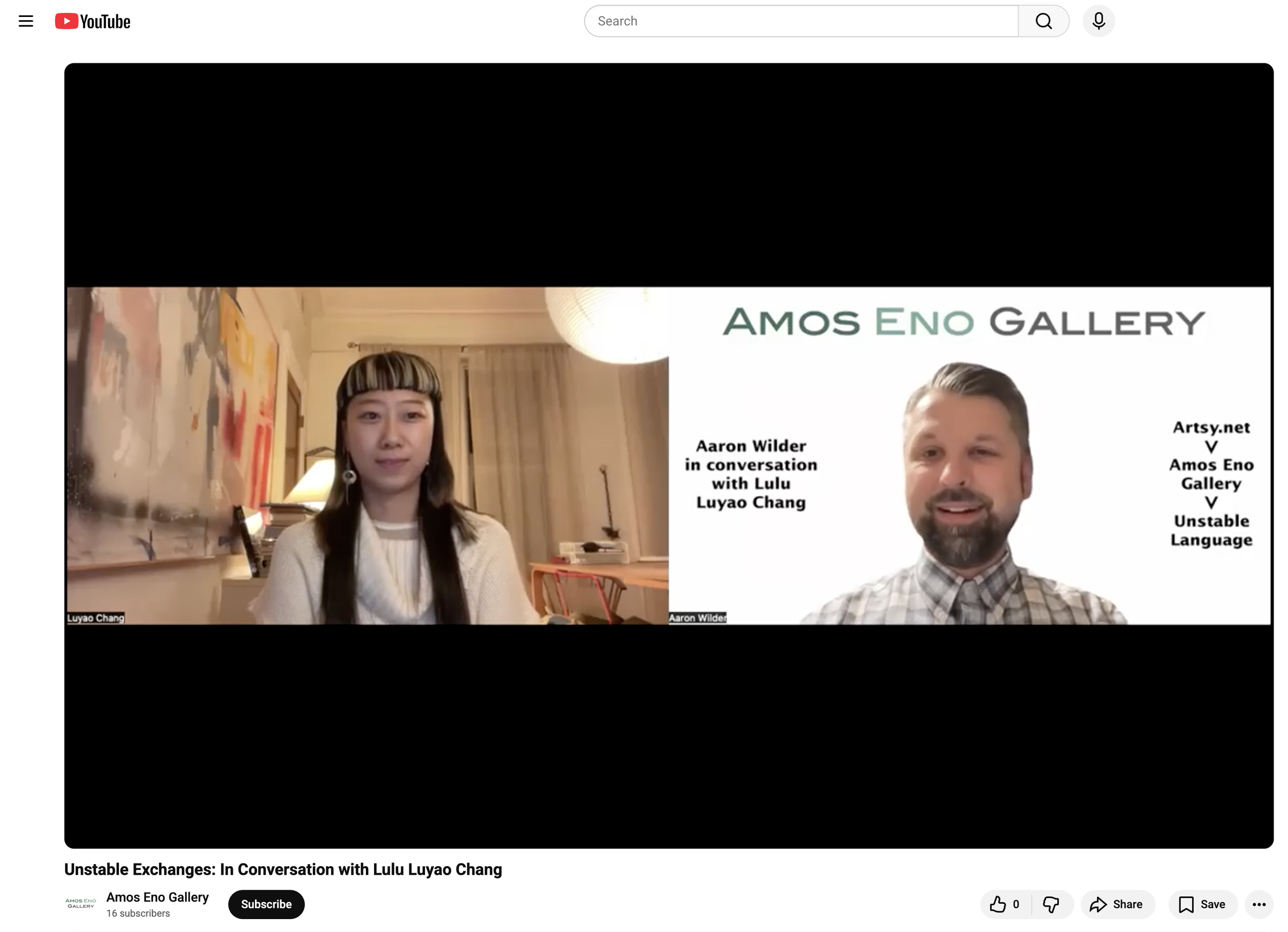 A screenshot of a virtual conversation featuring Lulu Luyao Chang and Aaron Wilder. Lulu is on the left, sitting in a warmly lit room with artwork and a lamp behind her. Aaron is on the right, smiling, with a graphic background that reads 'Amos Eno G