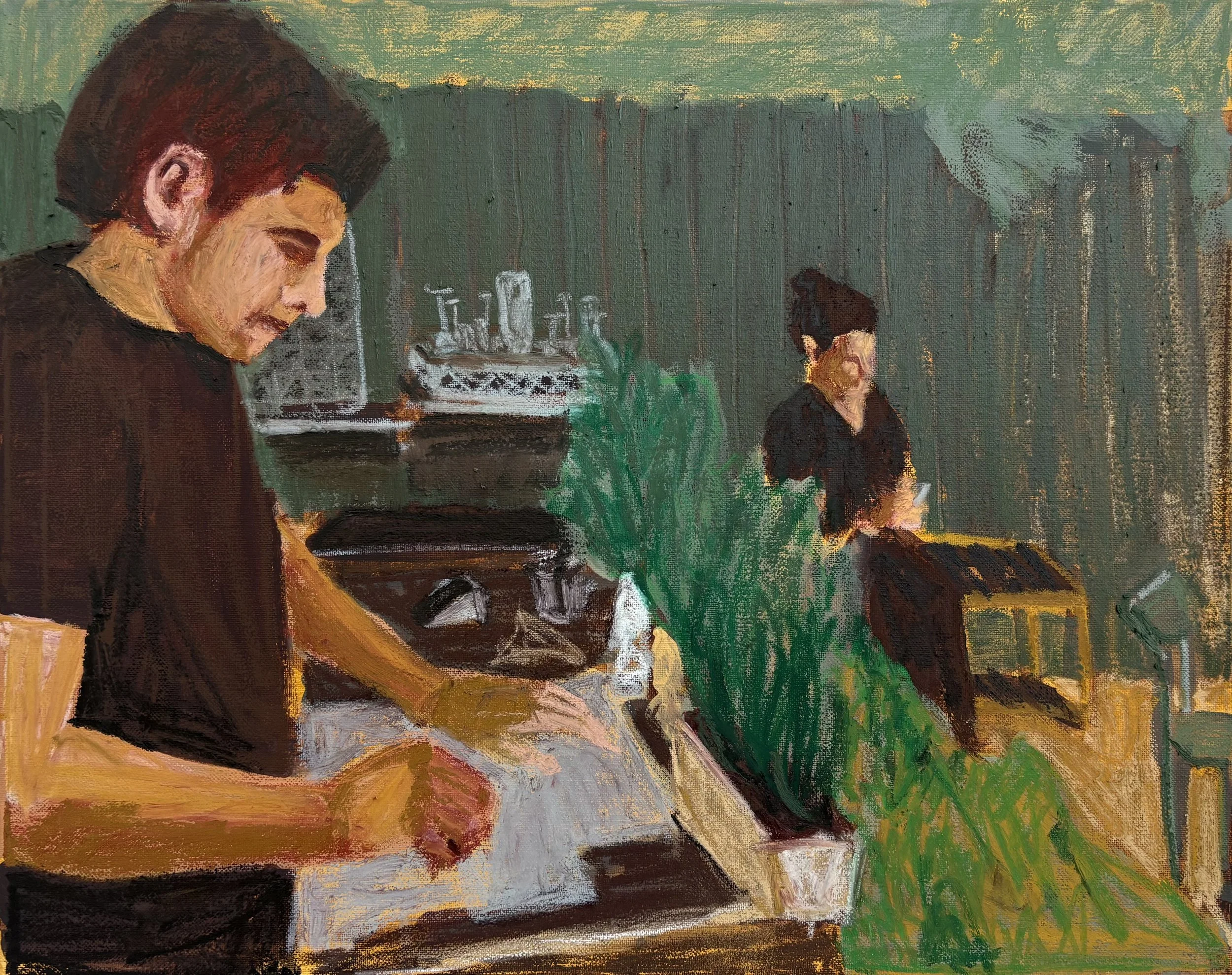 Camille Andersen: "Dinner Prep," 2026. Brooklyn, NY. Oil pastel on canvas, 14 × 14 inches.