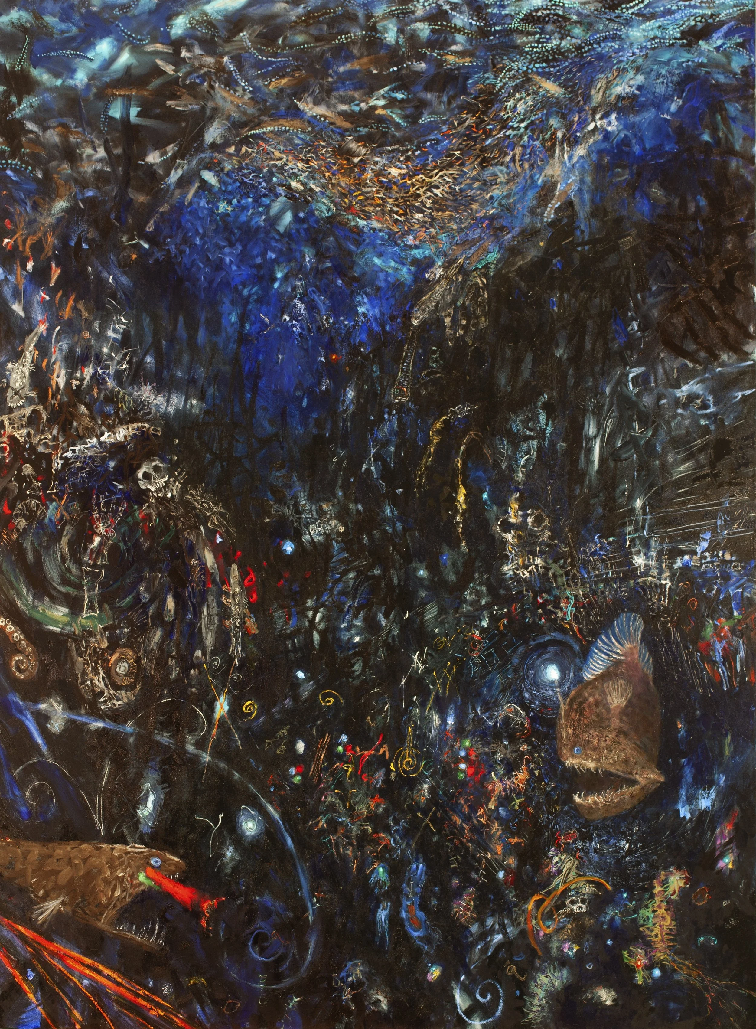 Joyce Yamada: "Glowfish, Quarks, and Quasars," 2015. Deep Ocean. Oil on canvas, 60 × 44 inches.