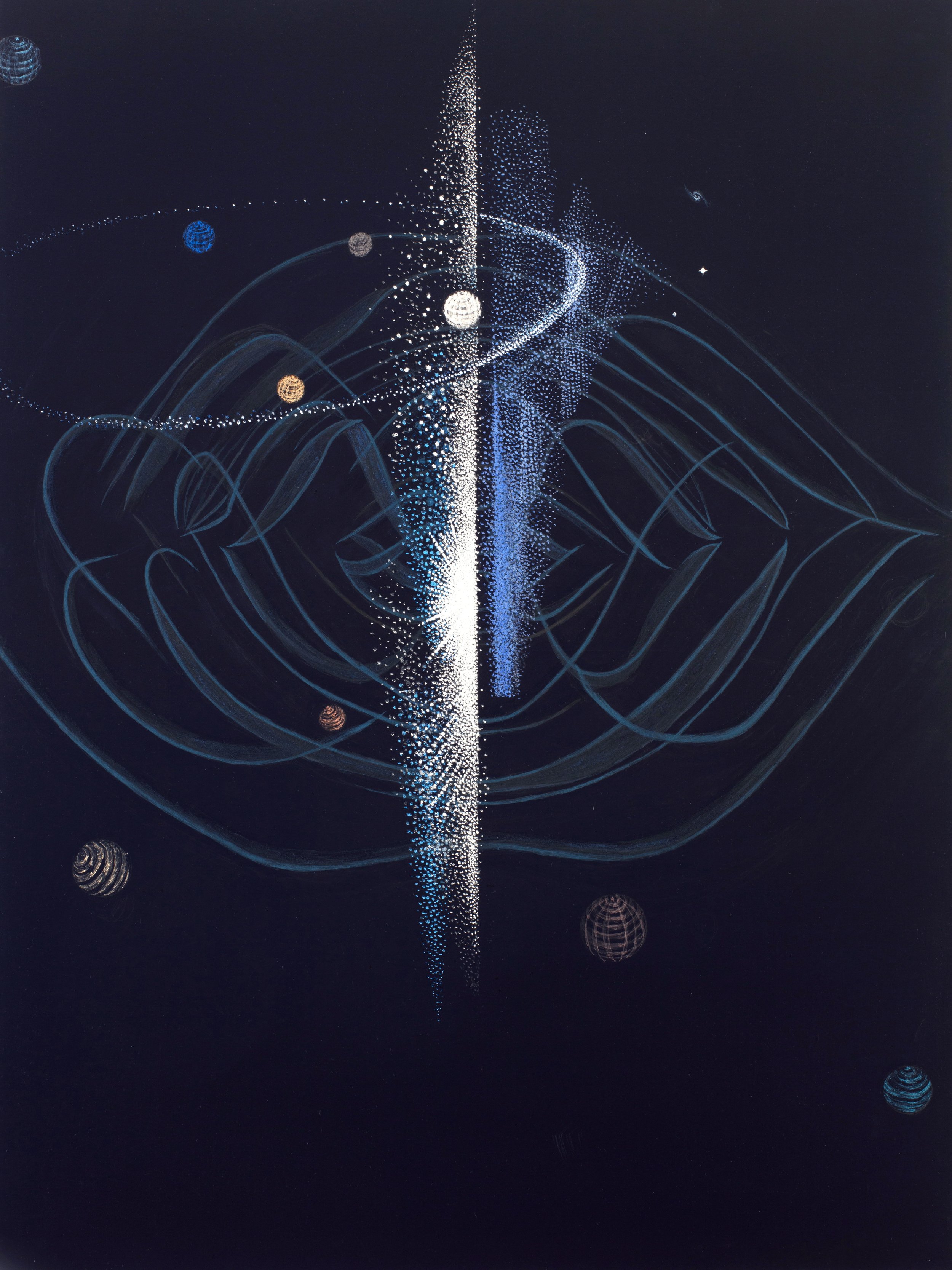 Hiroko Ohno: "Galaxy-Event Horizon," 2023. Celestial Bodies. Mineral pigment, seashell, coral, mica, acrylic on linen, 40 × 30 inches.
