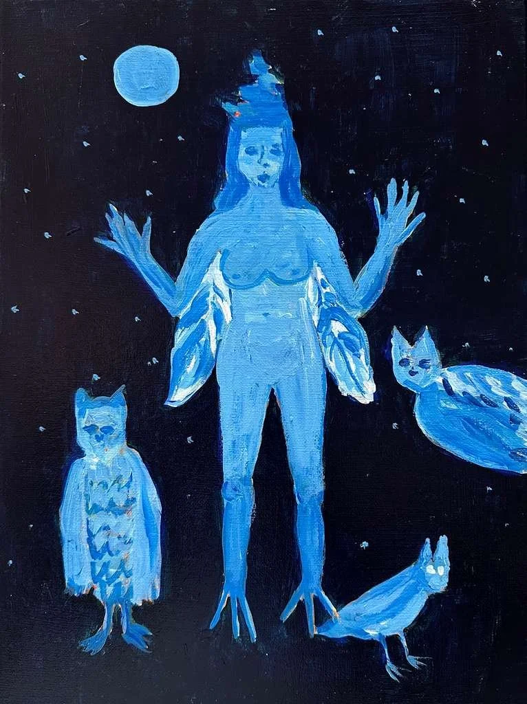 Patricia Tewes Richards, Queen of the Night on a Blue Night, 2026. Acrylic on wood panel, 16 in x 12 in