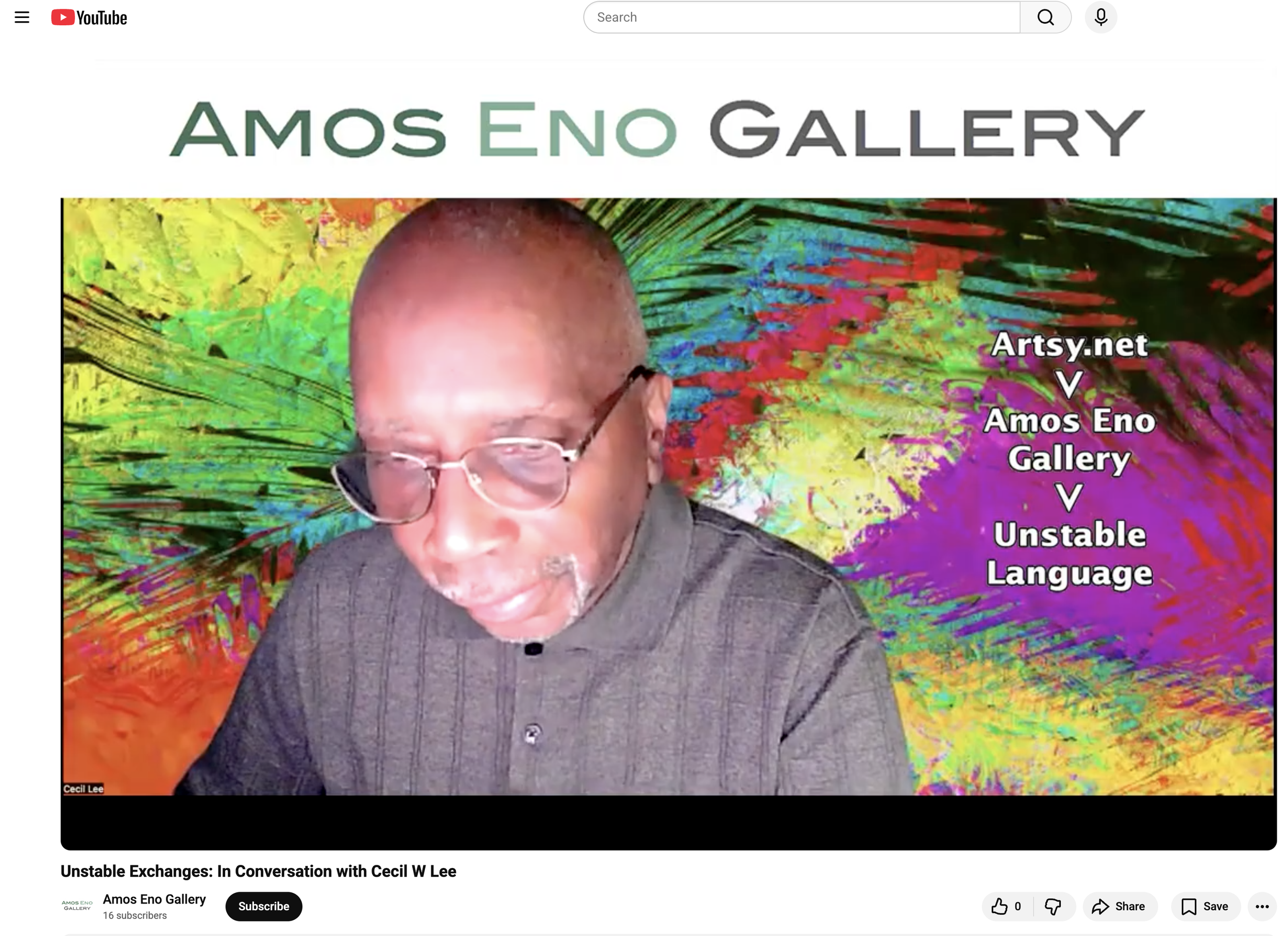 A man wearing glasses looking down against a colorful background with the text 'Amos Eno Gallery' at the top and 'Artsy.net, Amos Eno Gallery, Unstable Language' on the right side.