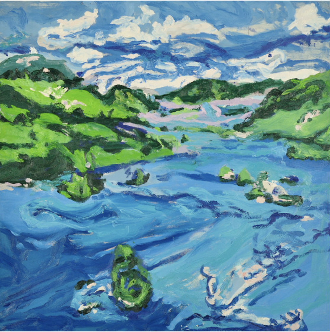  Destination:  Coastal New England. 
   Artwork:  Mimi Oritsky.  Race to the Edge,  2020. Oil on canvas, 30 × 30 inches.