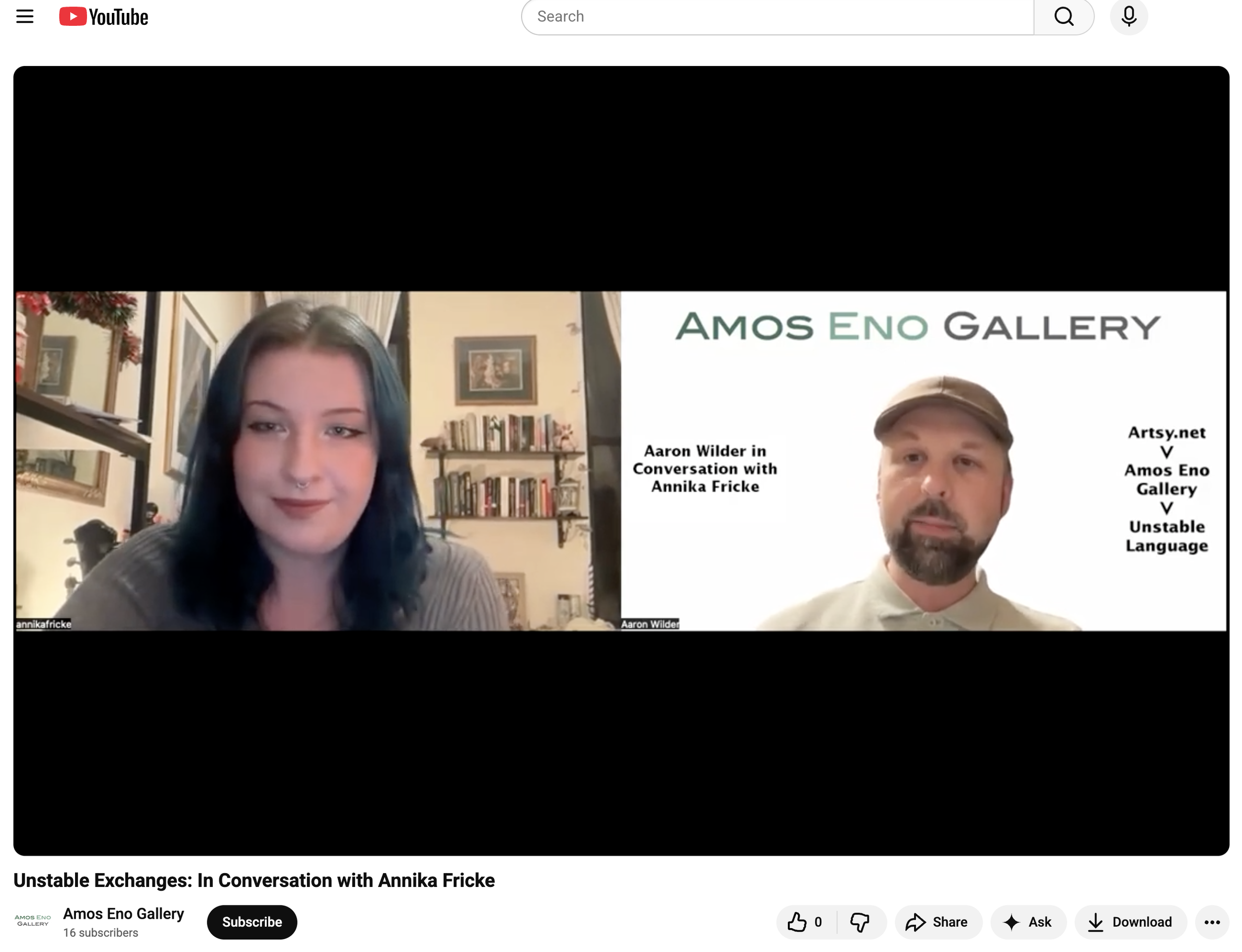 Screenshot of a YouTube video titled "Unstable Exchanges: In Conversation with Annika Fricke." It features two people in a virtual meeting: a young woman with blue hair and a nose piercing on the left, and a man with a beard wearing a hat on the righ