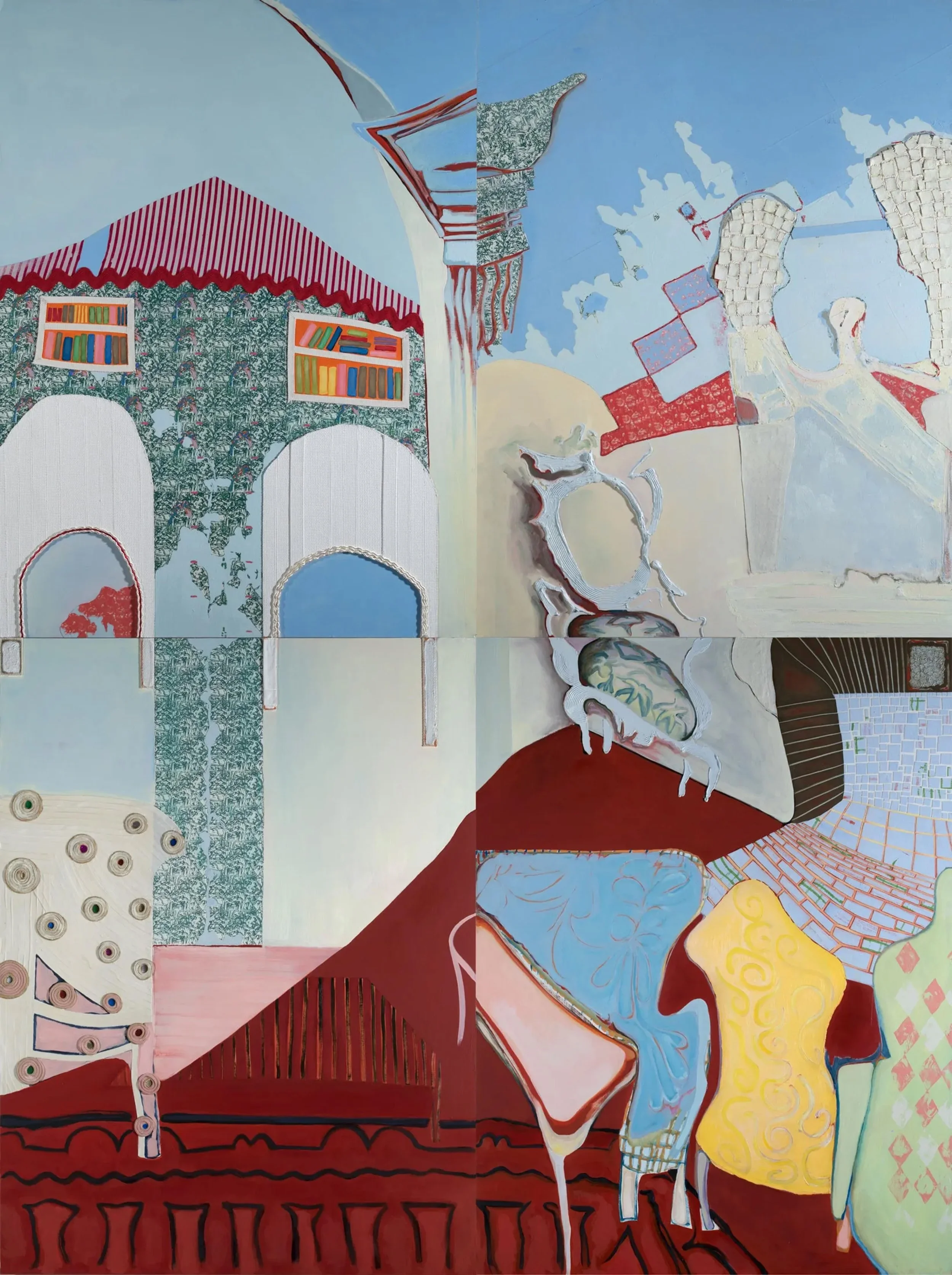 Kathy Loev Putnam: "This Most Agreeable of All Possible Castles," 2018. Fantasy Futurescape. Oil, screen print, linocut, mixed media collage on hardboard panel, polyptych, 96 × 72 inches.