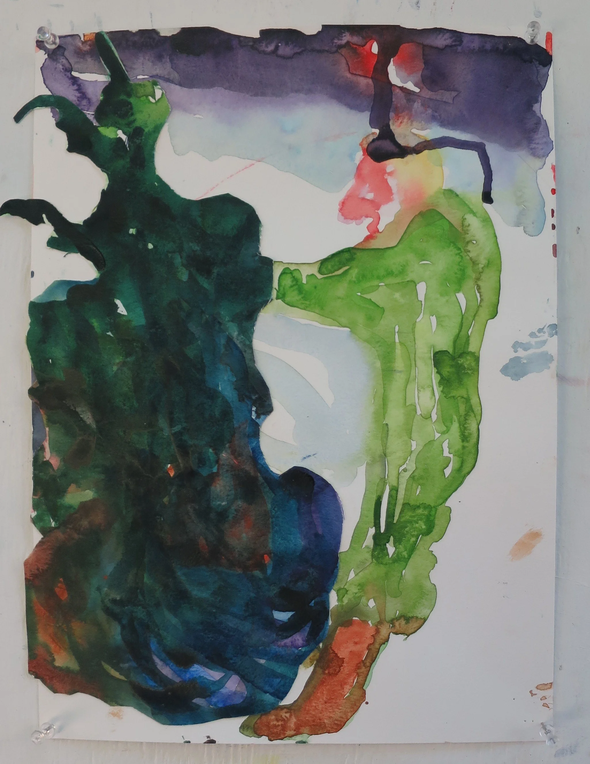 Sam Shaffer, Cut and Joy, 2026. Watercolor and collage on paper, 15 in x 11 in.