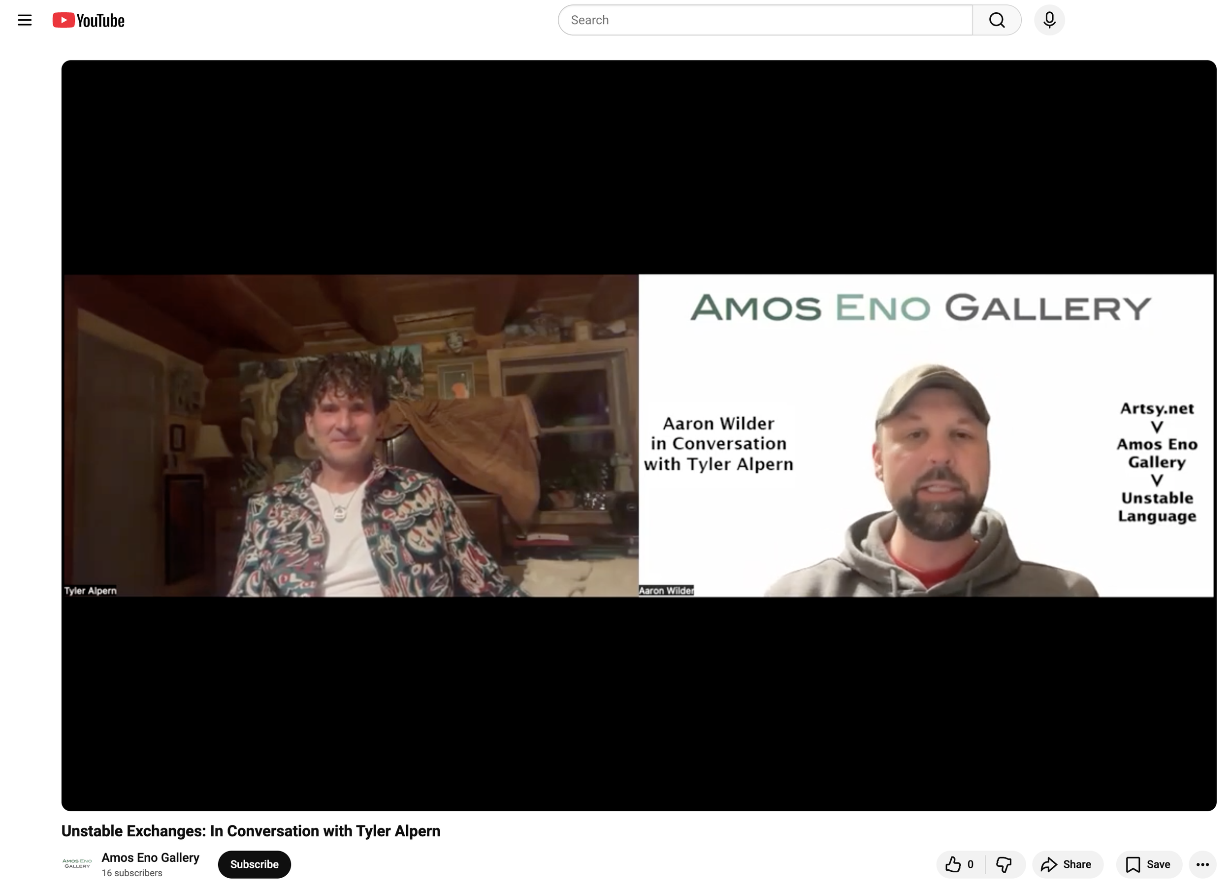 YouTube video titled 'Unstable Exchanges: In Conversation with Tyler Alpern' featuring two men in a virtual discussion. On the left, Tyler Alpern appears in a cozy, wood-paneled room with a wooden beam ceiling and various decorations. On the right, A