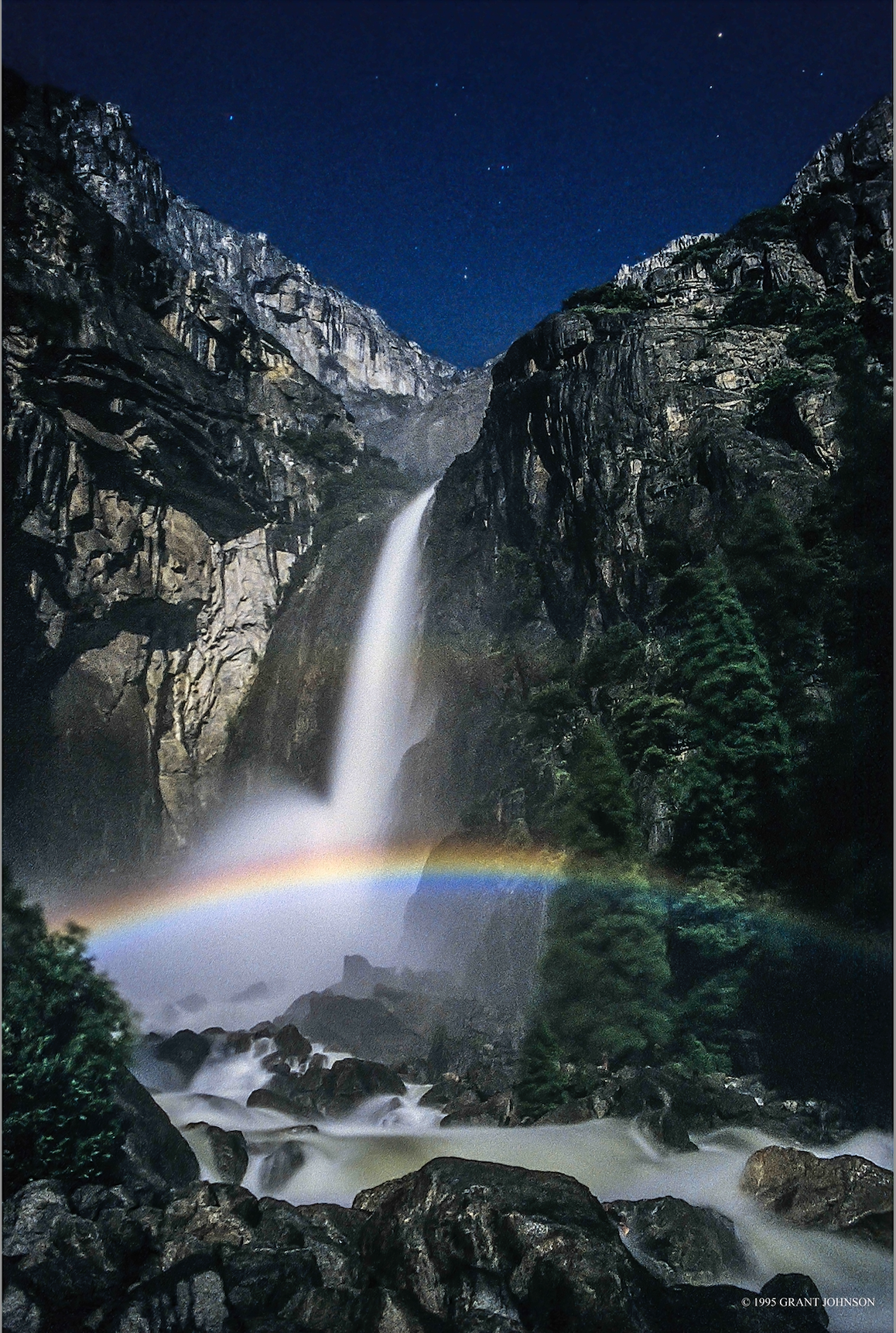 Grant Johnson: "Moonbow, Lower Yosemite Falls," 1985. Yosemite Valley, California Archival pigment print on photo rag paper, 30 × 20 inches.

