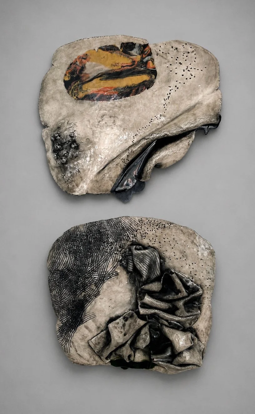 Lynn Basa, Slab #1 and Slab #2, 2025. Porcelain and glass, 17 in x 18 in