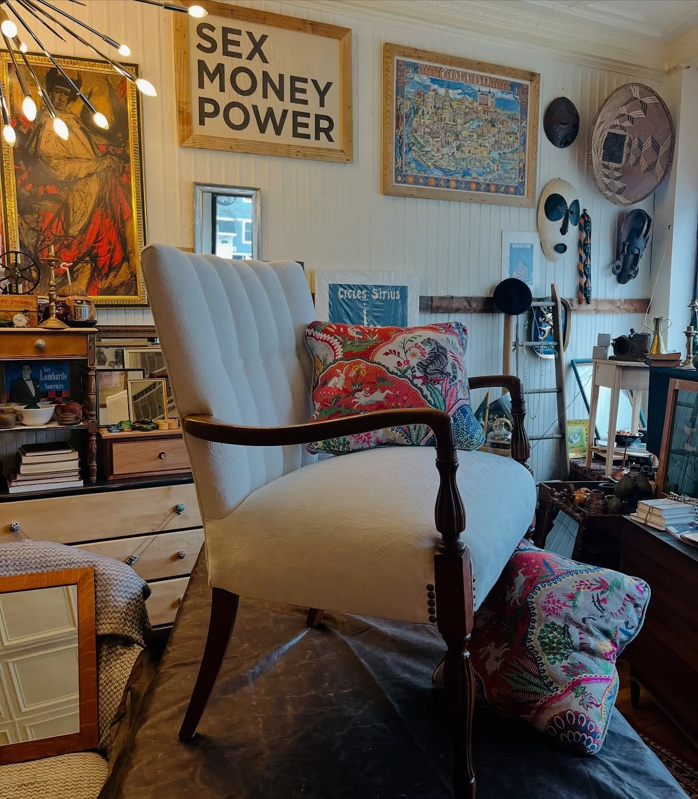 Brand new upholstered chair just got into the store looking for a new home! Come on in and say hello to us!