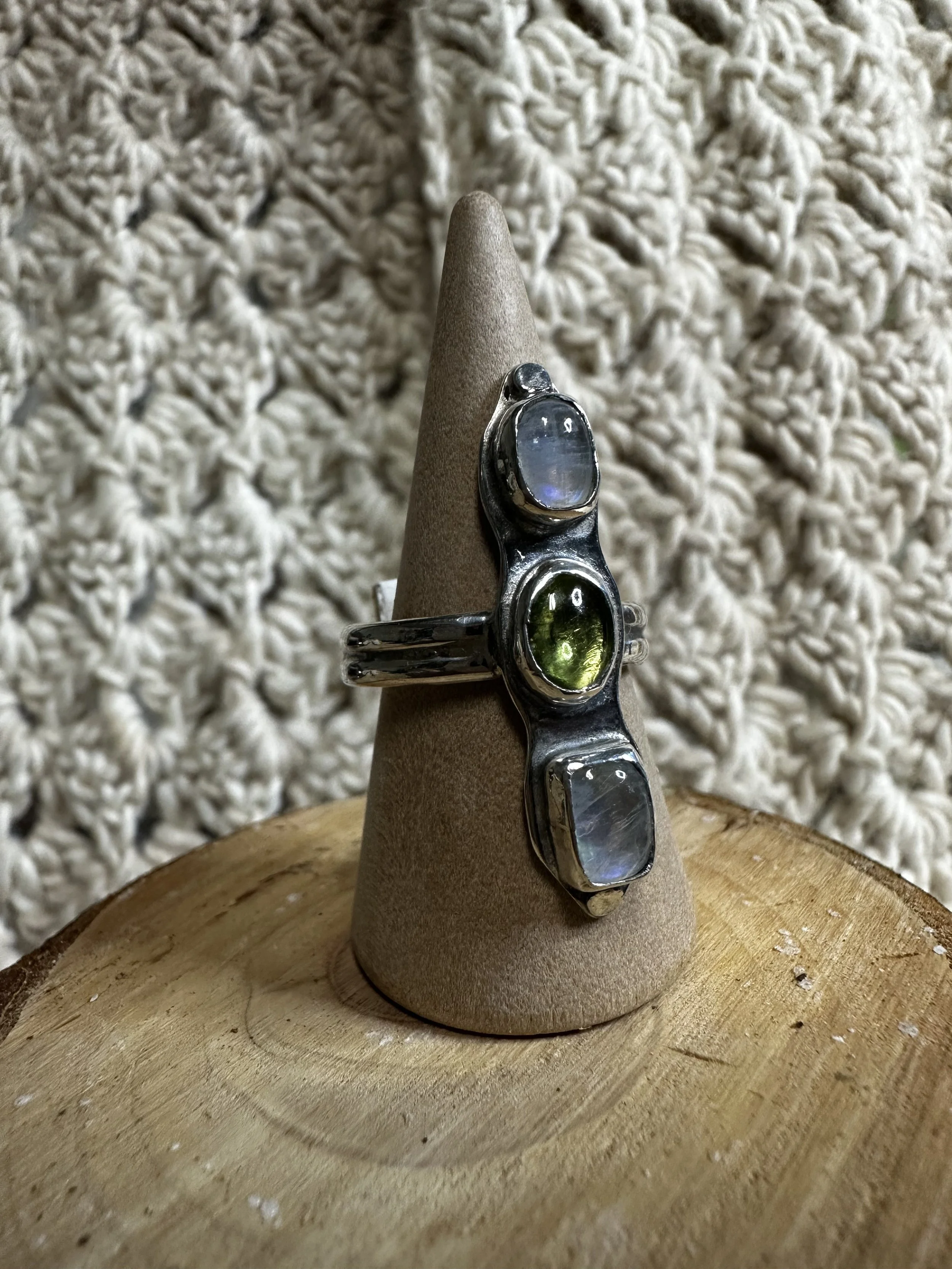 Peridot and Moonstone 3-stone Ring - Size 8