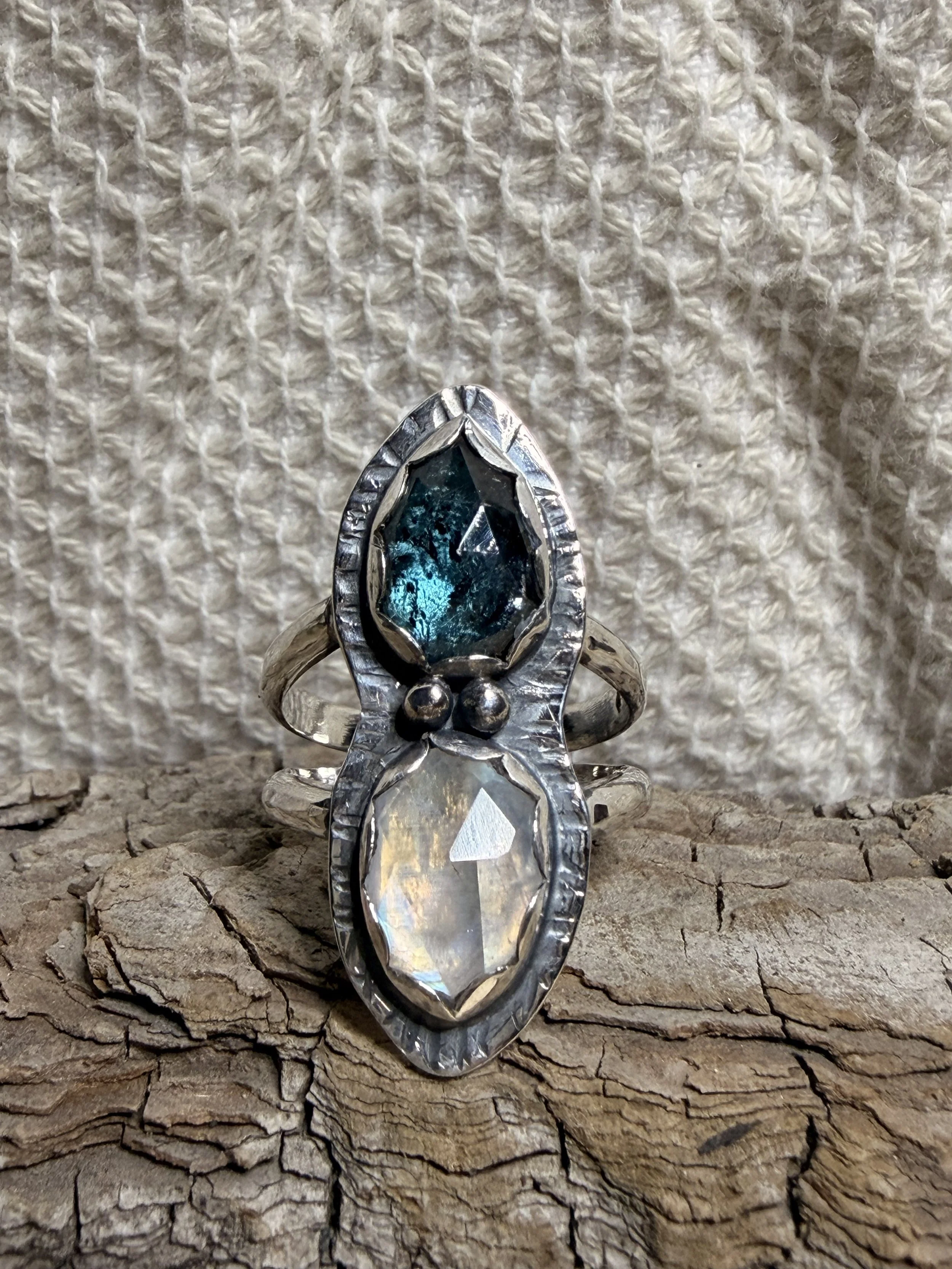 Rainbow Moonstone & Kyanite Ring