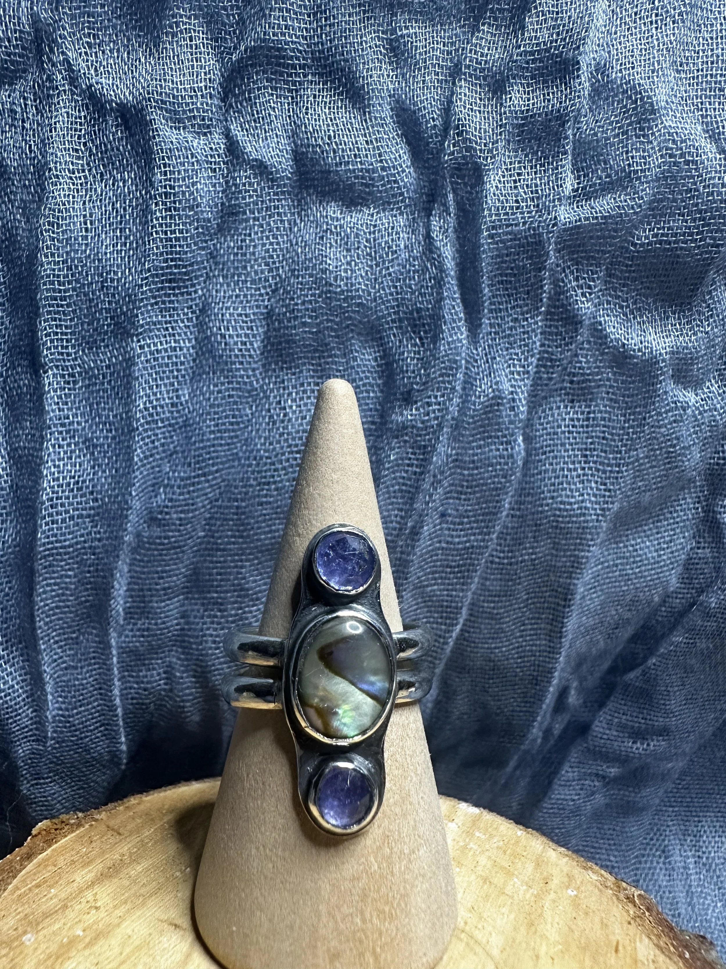Abalone and Tanzanite 3-Stone Ring - Size 6