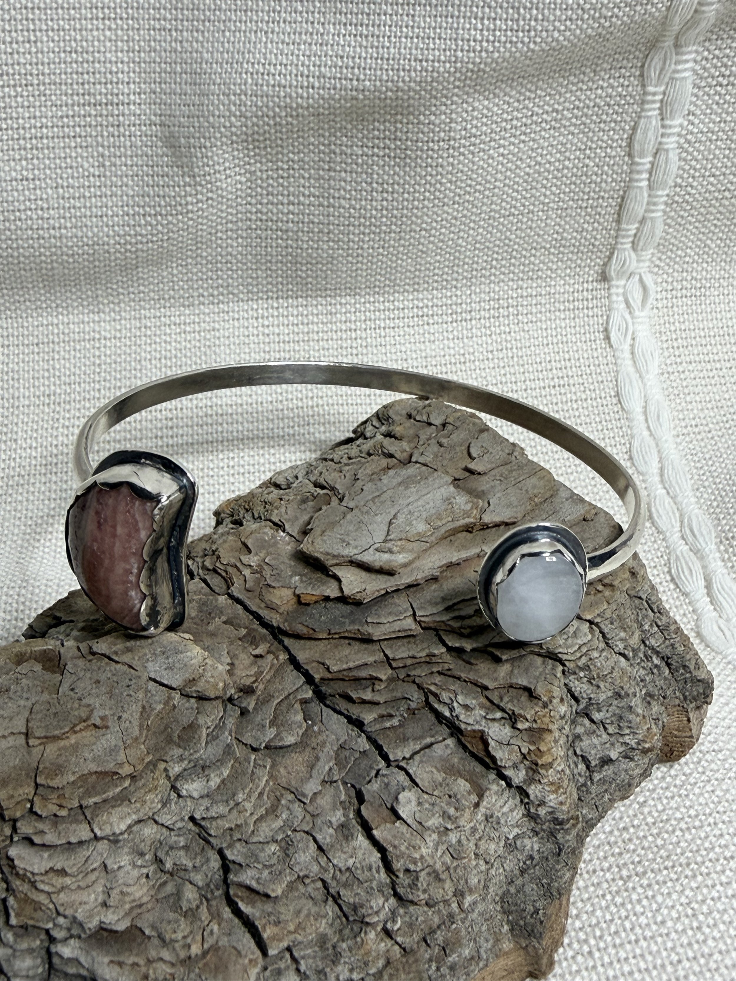 Rhodochrosite and Moonstone Cuff Bracelet