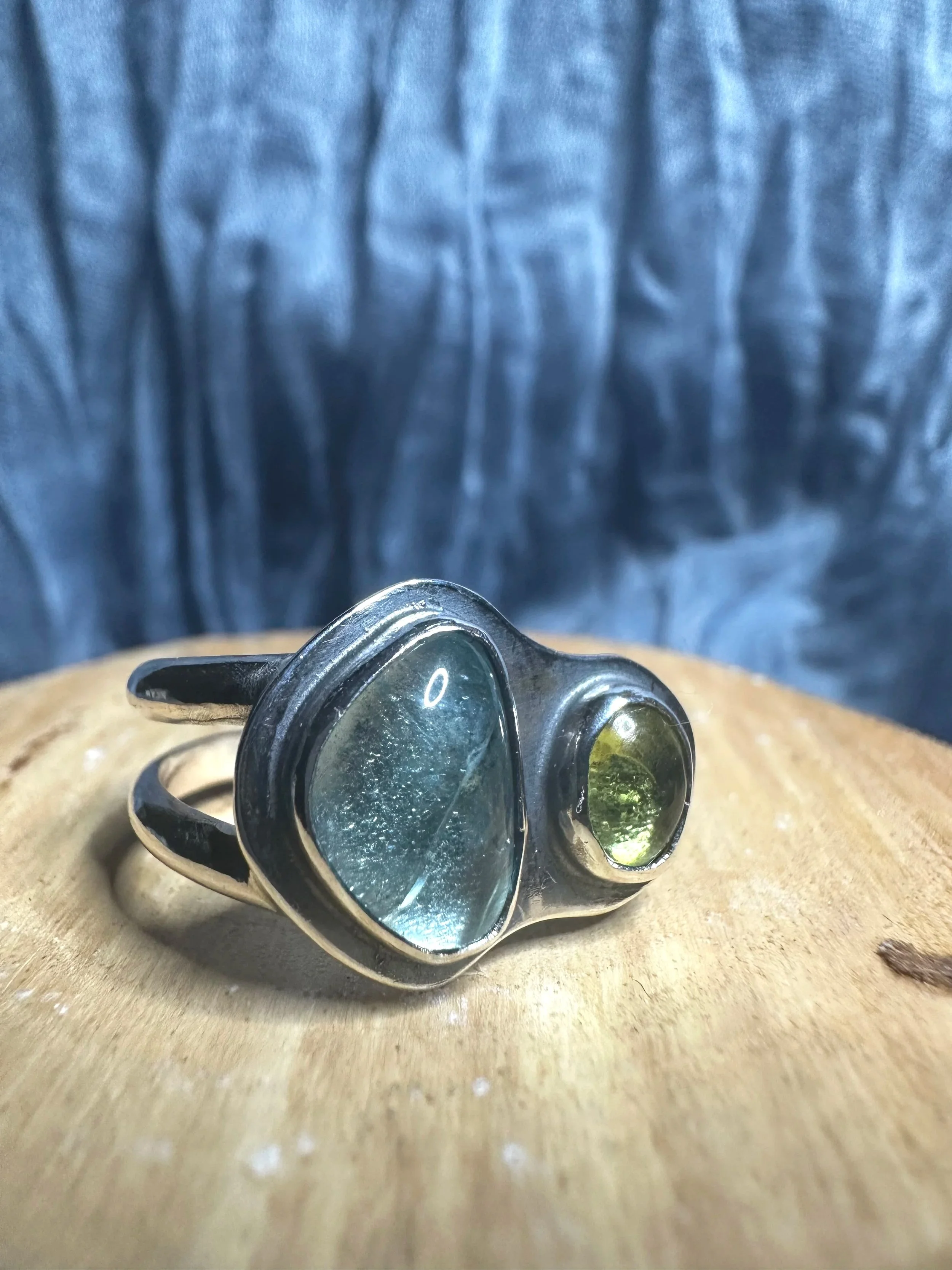 Apatite and Peridot Two-Stone Ring - size 8.25