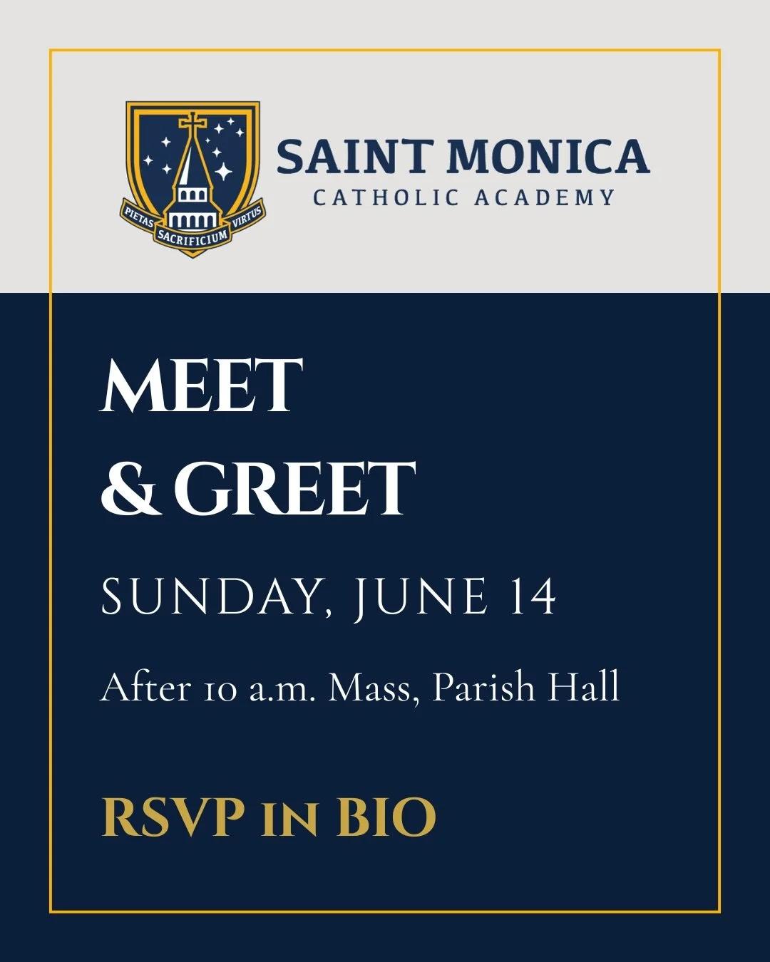 Join St. Monica Catholic Academy on Sunday, June 14, following the 10 a.m. Mass in the Parish Hall. Meet our faculty, staff, and founding families, and learn more about our mission and vision for Catholic education. RSVP in bio.