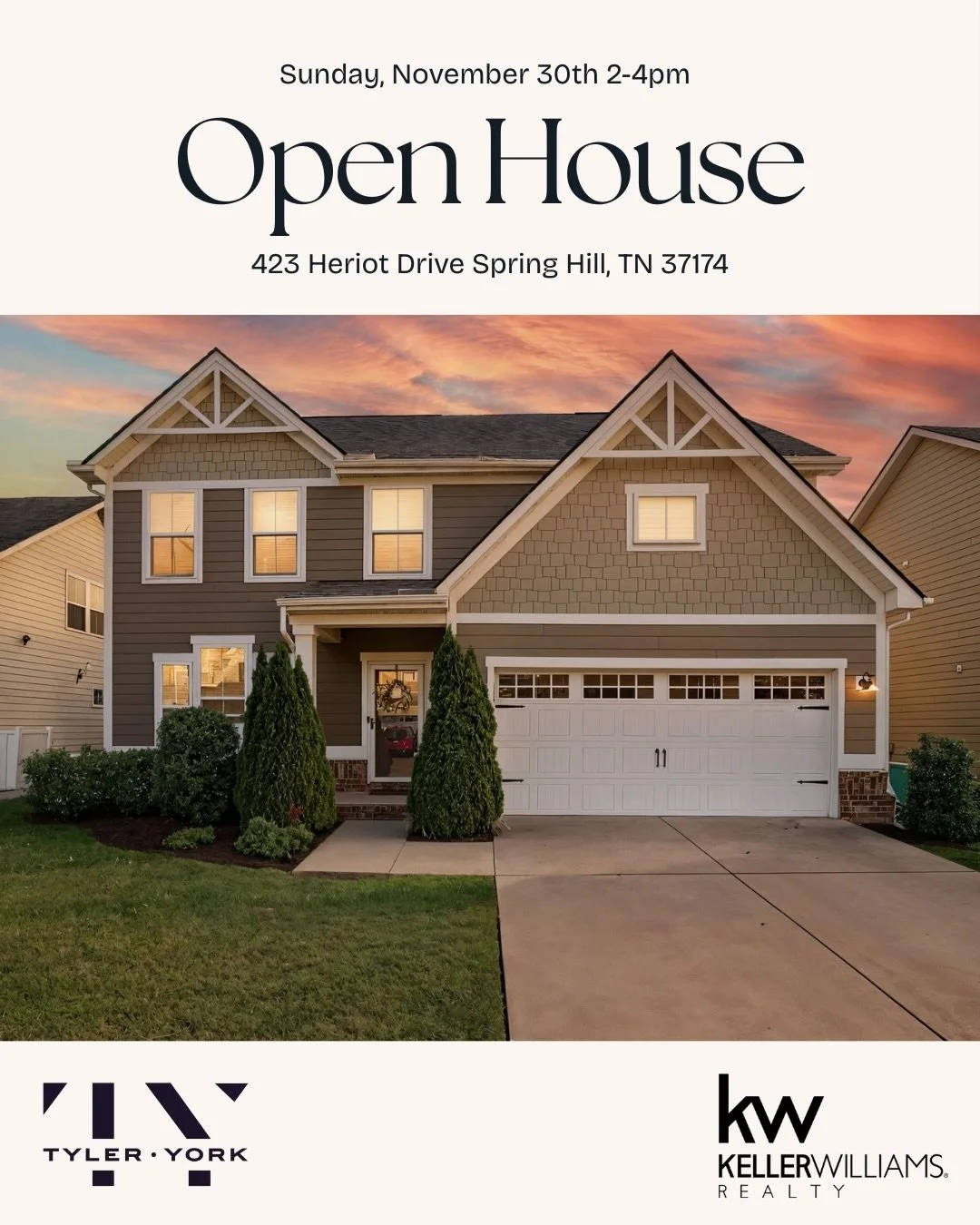 ✨ OPEN HOUSE TODAY 11/30 from 2-4pm! ✨

House hunting in Spring Hill? If you&rsquo;re out and about today, swing by 423 Heroit Drive from 2&ndash;4pm!

I&rsquo;ll have fresh hot cider waiting, and this home in the Hamptons at Campbell Station is such