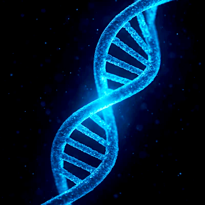Animated blue DNA double helix strand floating in space with small glowing particles.