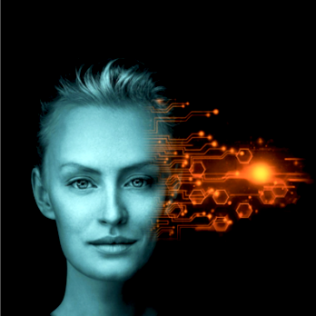 A woman with short, spiky hair and a neutral expression, with digital circuit-like graphics and glowing orange lights extending from the right side of her face.